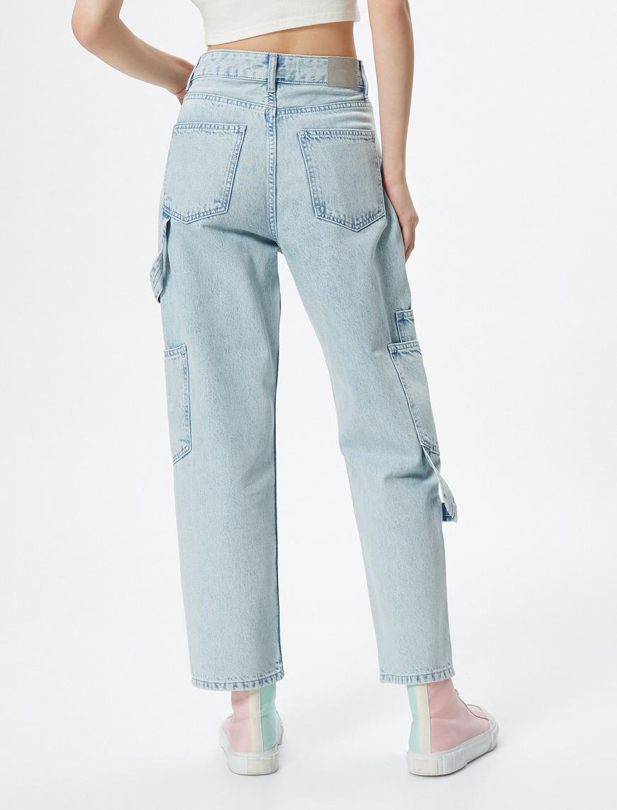   Kargo Kot Pantolon Straight Jean Yüksek Bel Düz Paça Cepli Pamuklu - Eve Jean