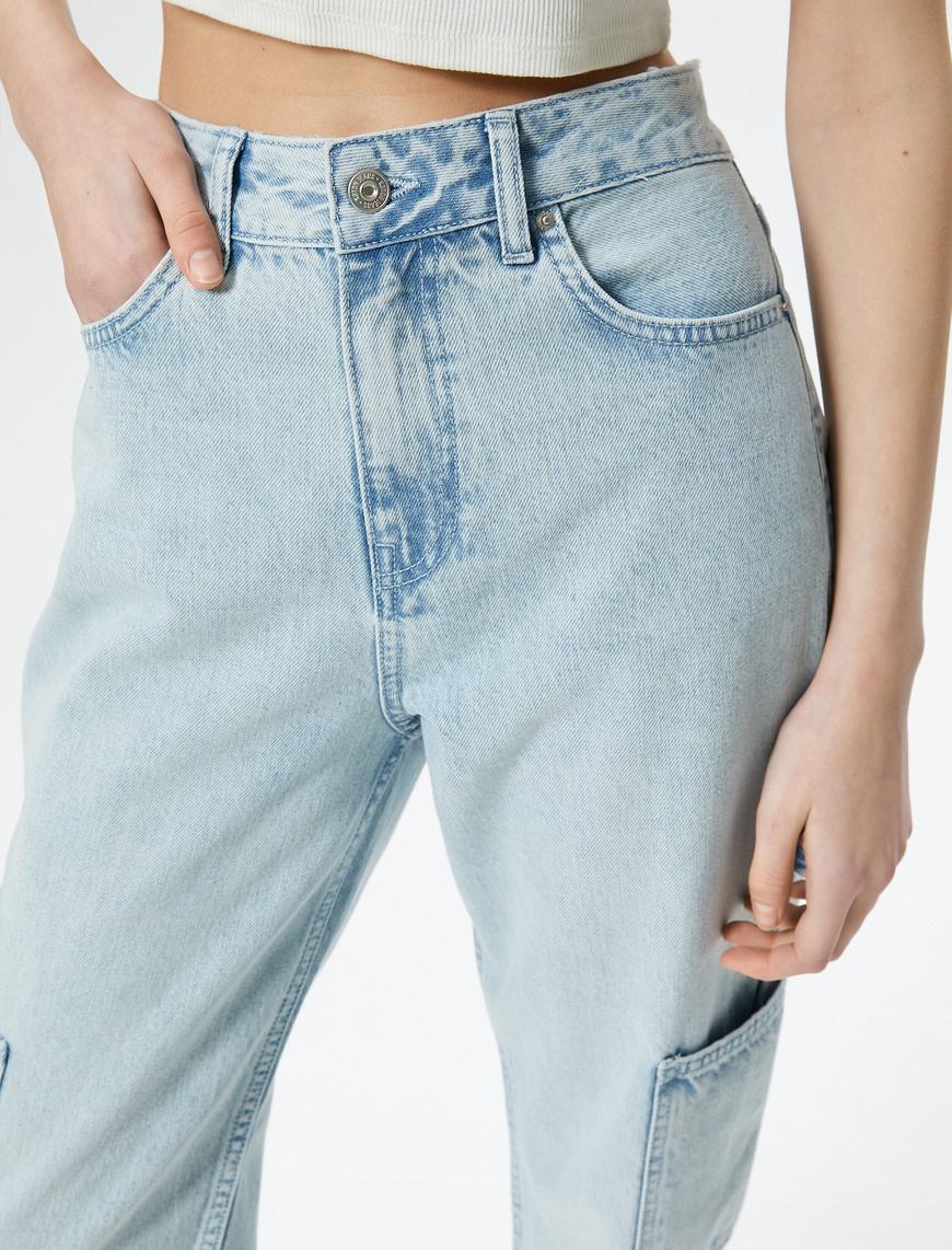   Kargo Kot Pantolon Straight Jean Yüksek Bel Düz Paça Cepli Pamuklu - Eve Jean
