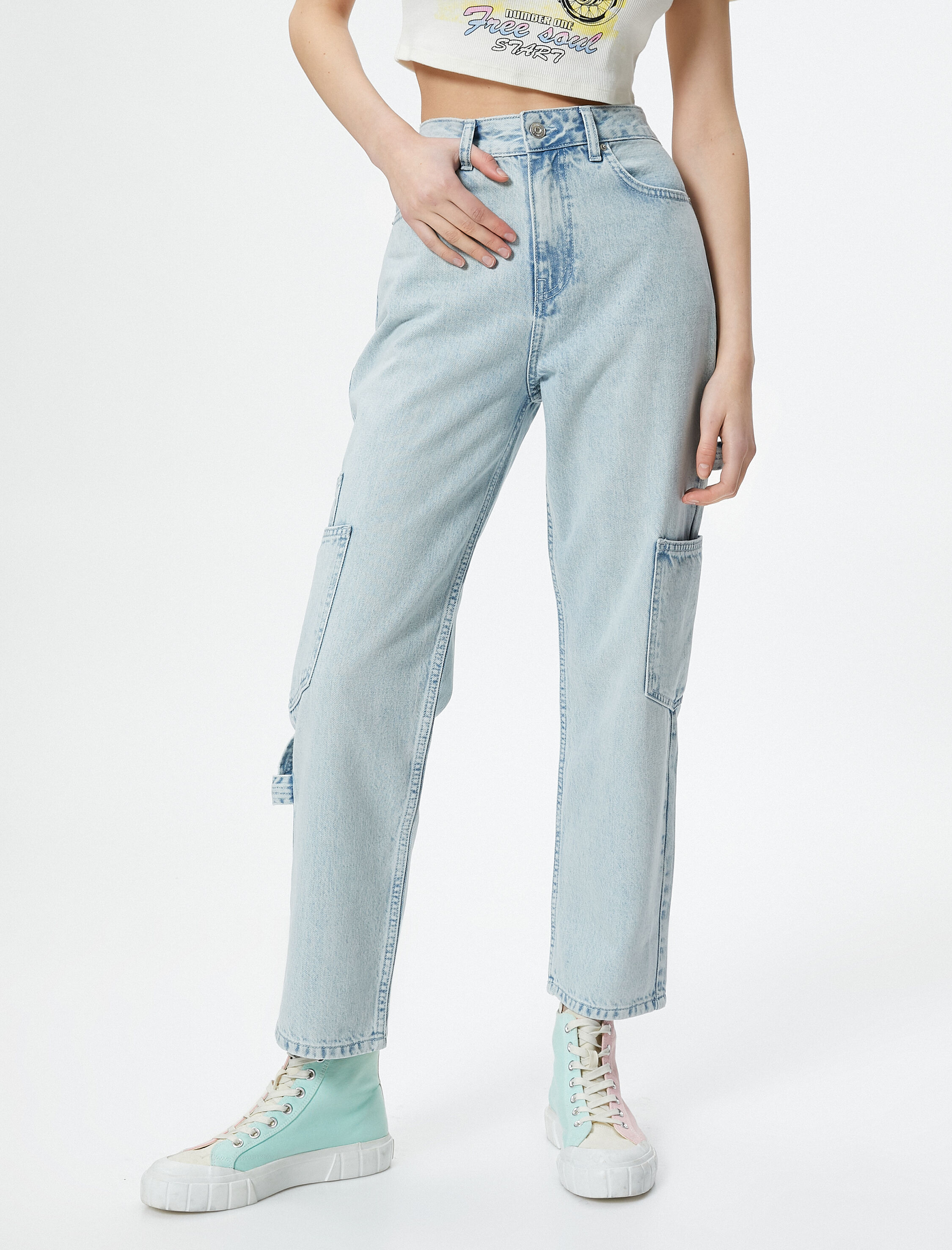   Kargo Kot Pantolon Straight Jean Yüksek Bel Düz Paça Cepli Pamuklu - Eve Jean