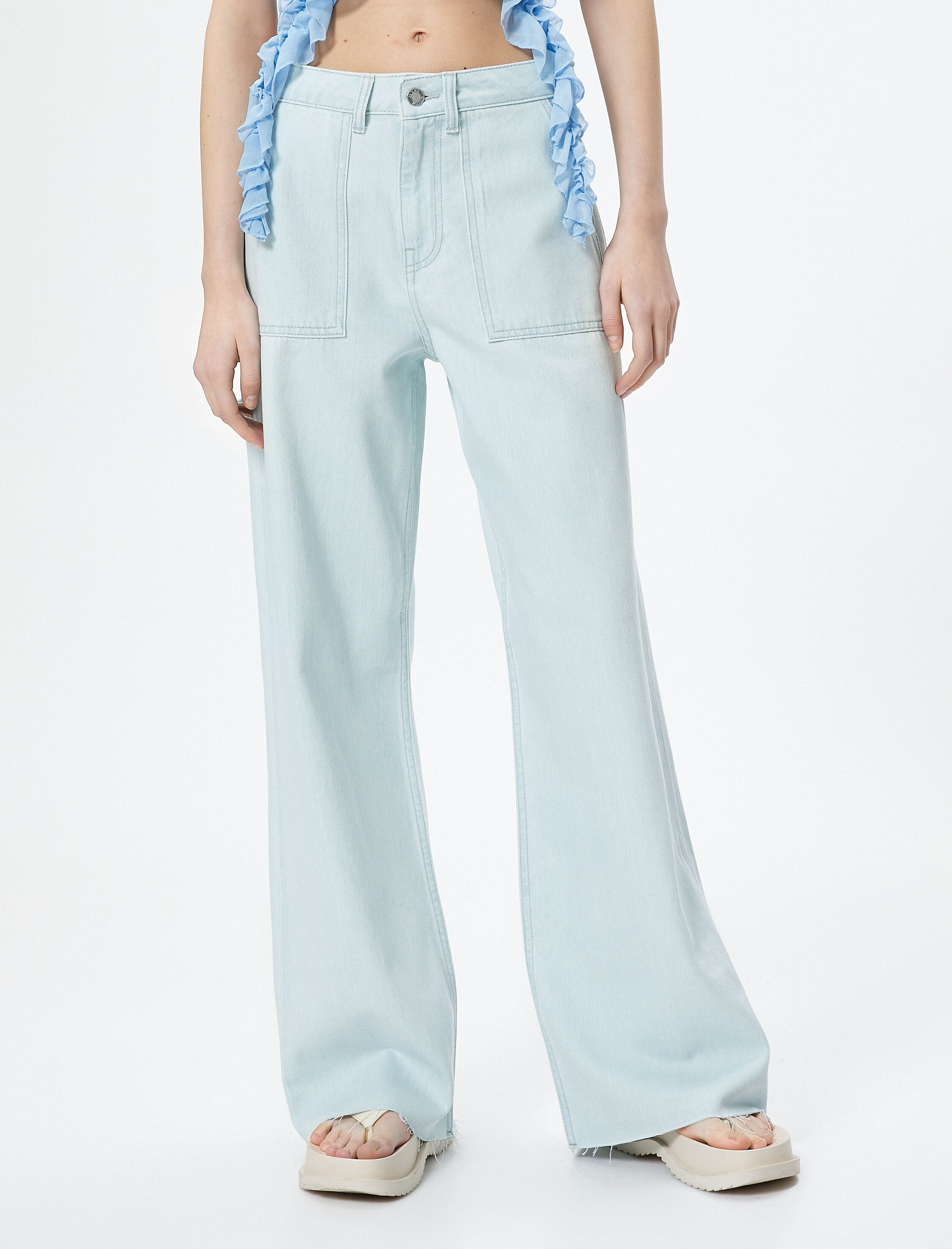   Geniş Paça Kot Pantolon Cepli Standart Bel Pamuklu - Bianca Jean