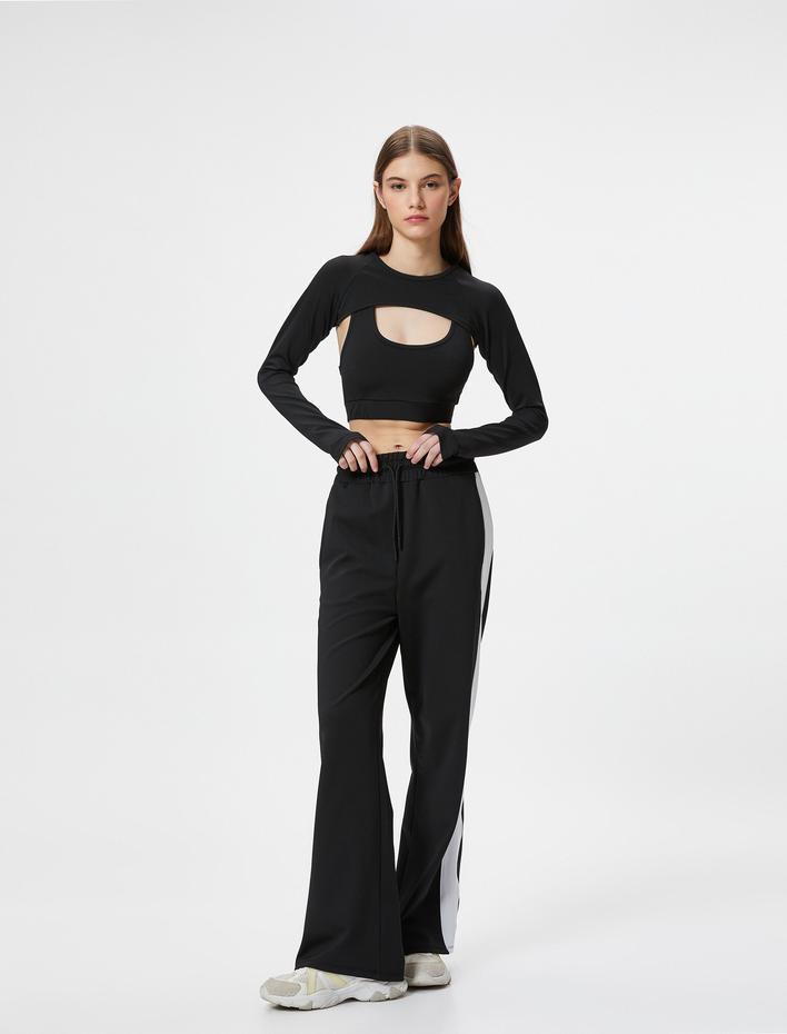  Geniş İspanyol Paça Spor Eşofman Altı Yandan Şerit Detaylı Beli Bağlamalı Cepli
