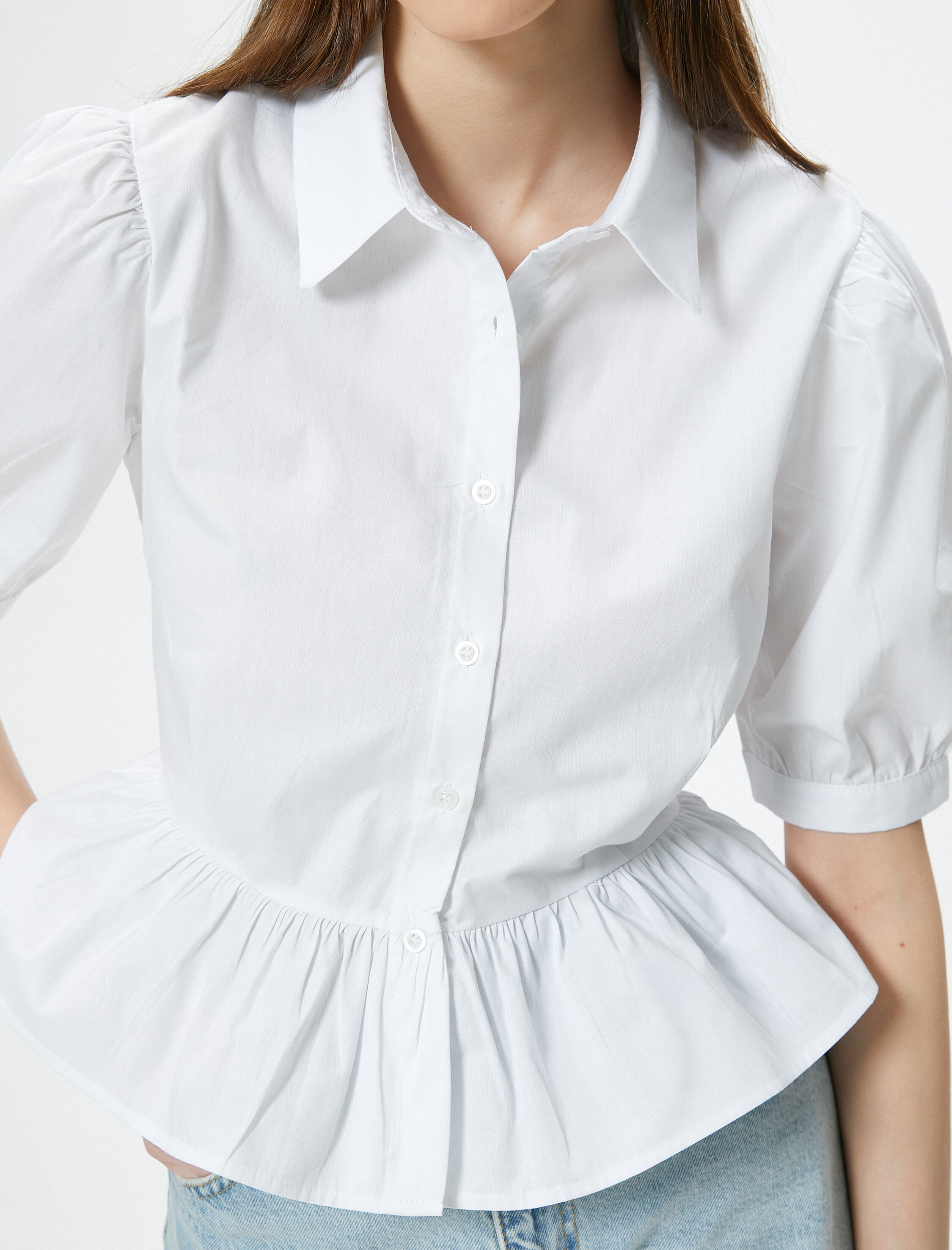   Kısa Balon Kol Bluz Fırfırlı Gömlek Yaka Düğme Kapamalı Pamuklu