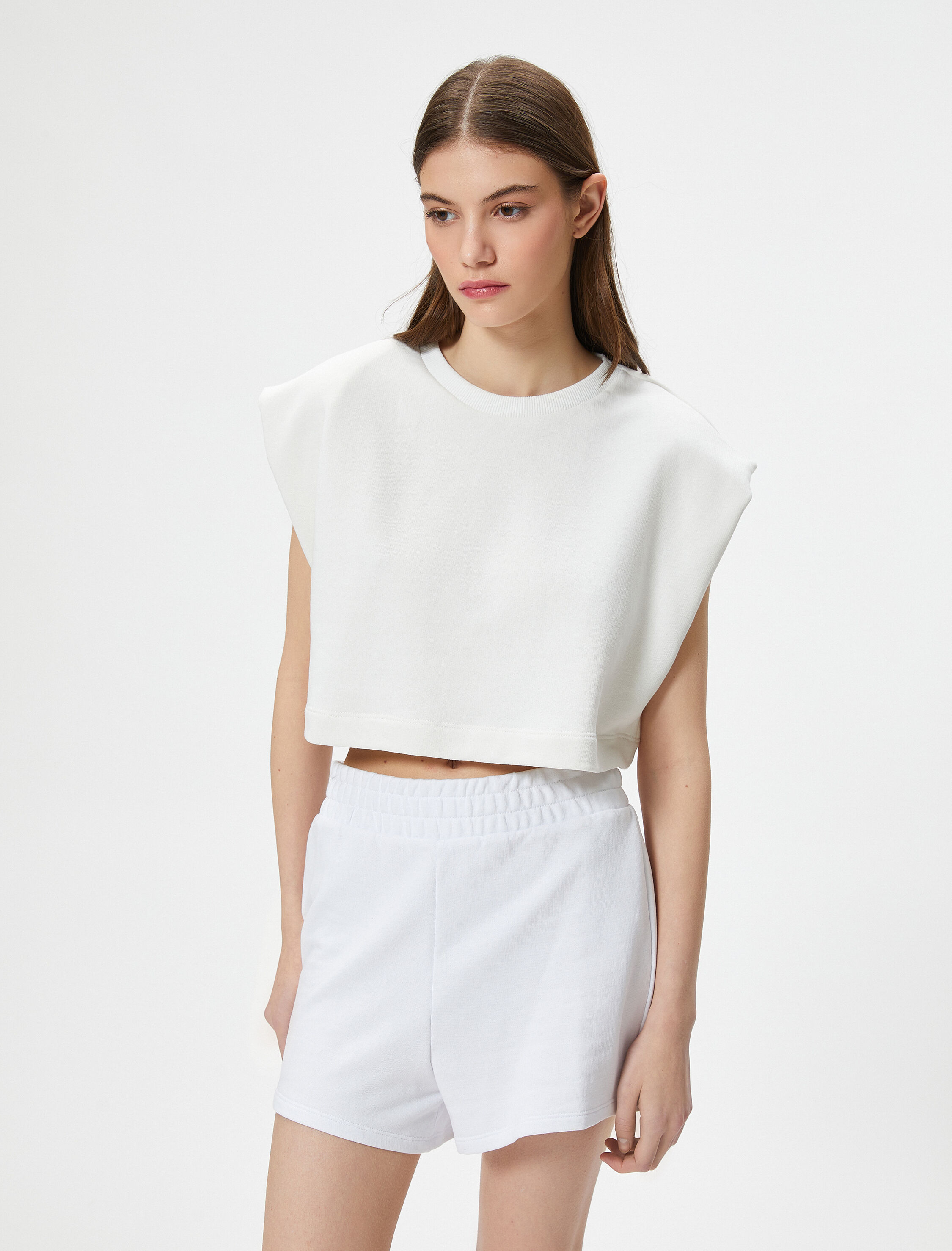   Spor Kolsuz Crop Tişört Vatkalı Bisiklet Yaka Rahat Kalıp