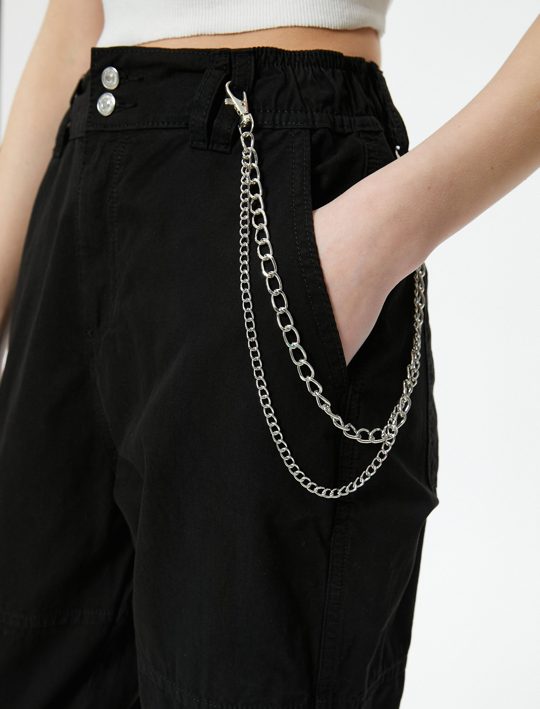   Kargo Jogger Pantolon Zincir Detaylı Yüksek Bel Pamuklu