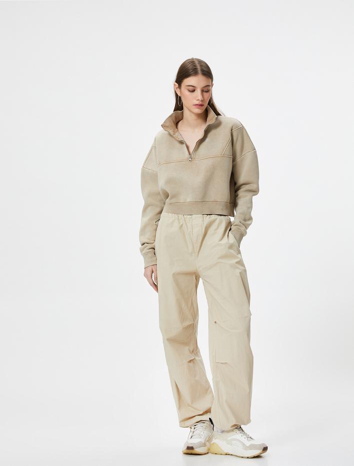  Şardonlu Yarım Fermuarlı Crop Sweatshirt Rahat Kalıp Soluk Efektli Uzun Kollu Pamuklu