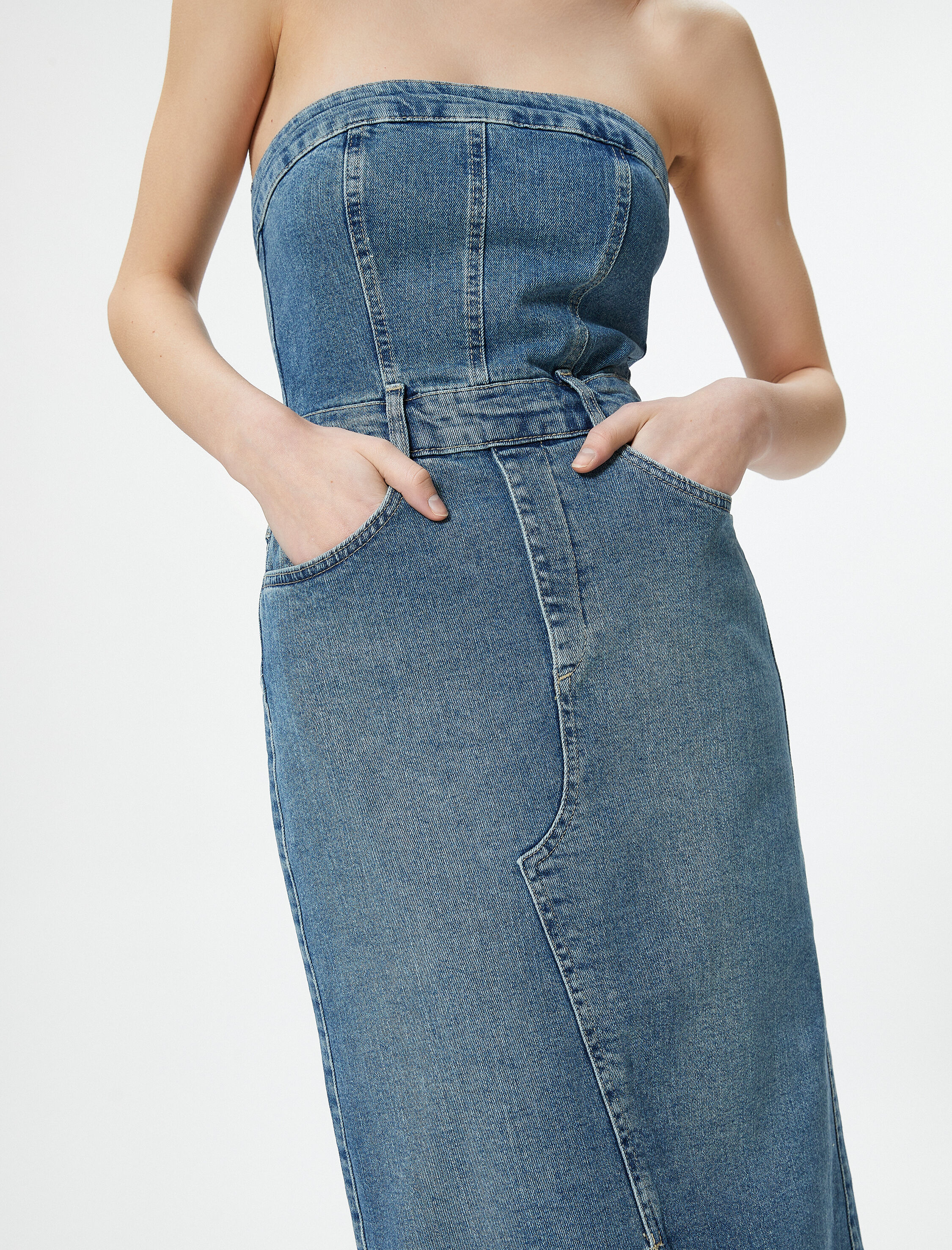   Straplez Kot Elbise Midi Boy Slim Fit Cepli Pamuklu Yırtmaçlı