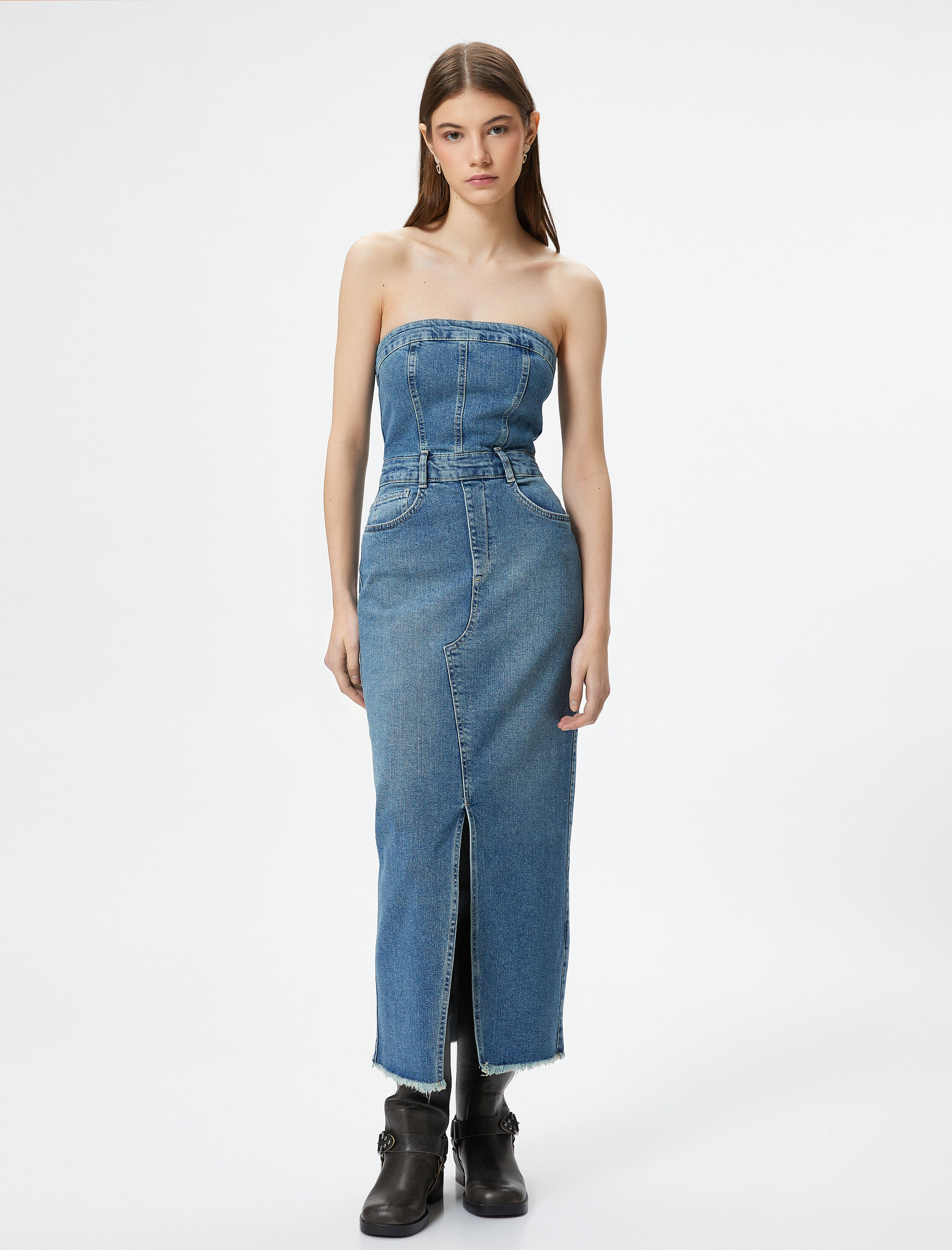   Straplez Kot Elbise Midi Boy Slim Fit Cepli Pamuklu Yırtmaçlı