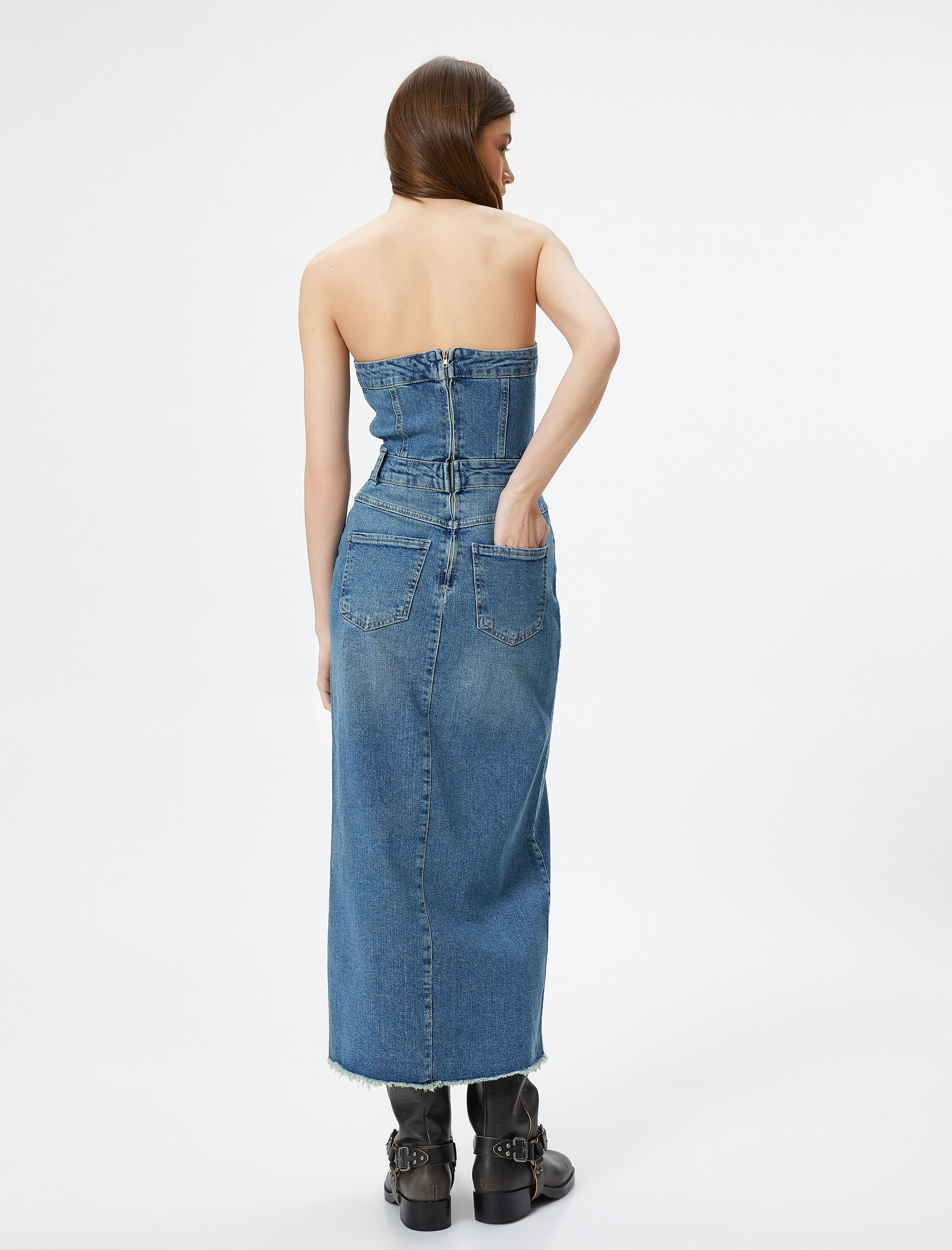   Straplez Kot Elbise Midi Boy Slim Fit Cepli Pamuklu Yırtmaçlı