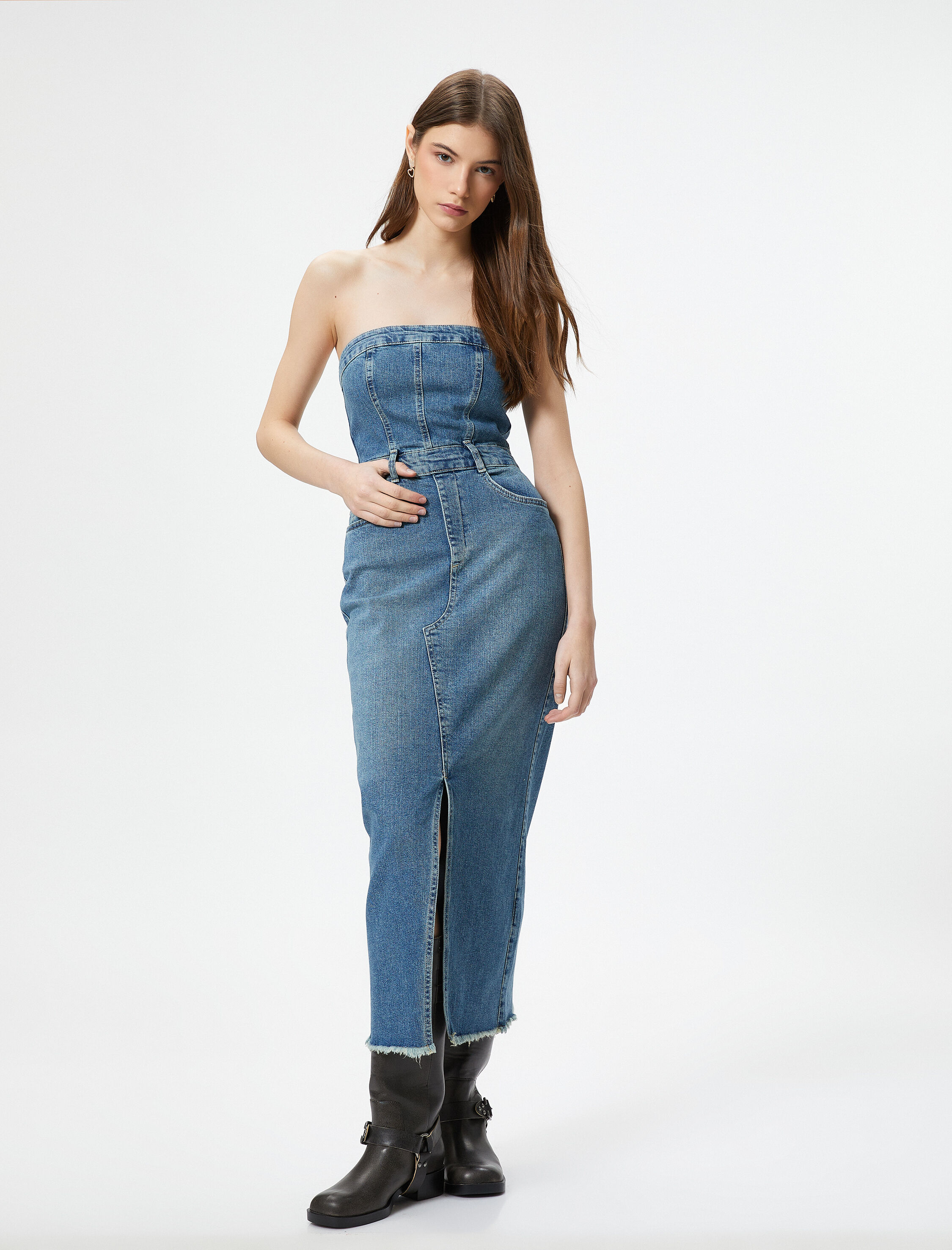   Straplez Kot Elbise Midi Boy Slim Fit Cepli Pamuklu Yırtmaçlı