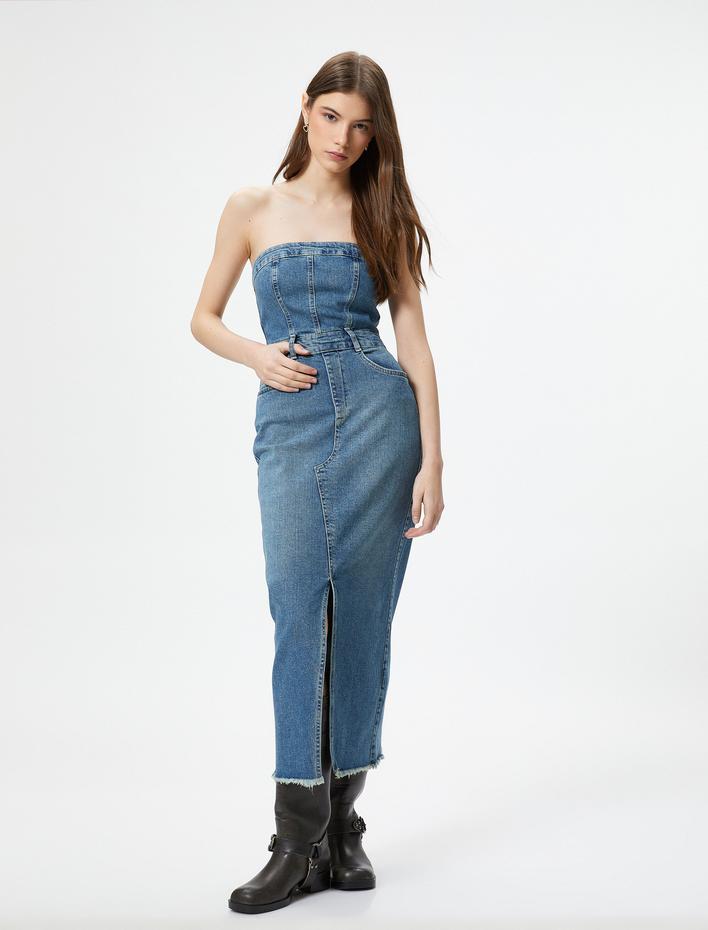  Straplez Kot Elbise Midi Boy Slim Fit Cepli Pamuklu Yırtmaçlı