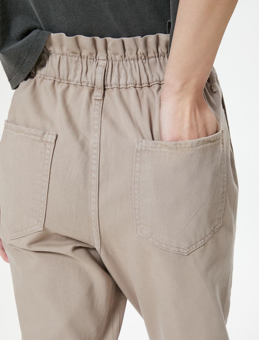   Beli Lastikli Kot Pantolon Yüksek Bel Rahat Kesim Crop Paça Pamuklu Cepli - Baggy Jean