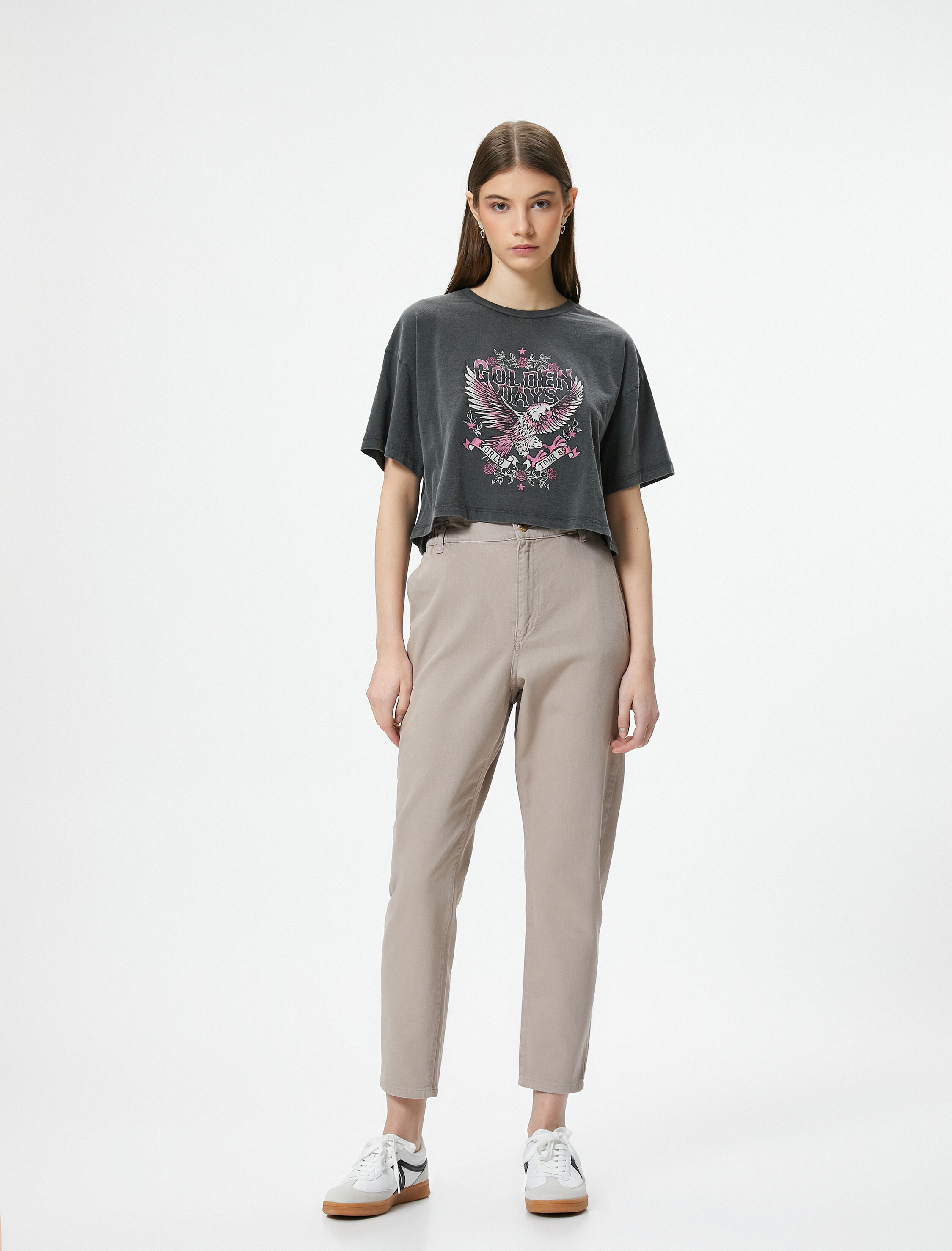   Beli Lastikli Kot Pantolon Yüksek Bel Rahat Kesim Crop Paça Pamuklu Cepli - Baggy Jean