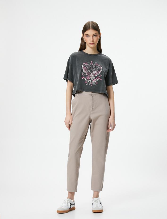  Beli Lastikli Kot Pantolon Yüksek Bel Rahat Kesim Crop Paça Pamuklu Cepli - Baggy Jean