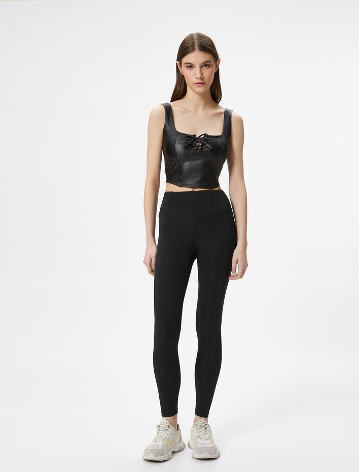  Suni Deri Görünümlü Sporcu Sütyeni Kapsız Bağcıklı Kare Yaka Dar Kalıp