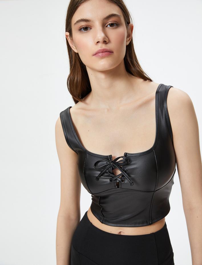  Suni Deri Görünümlü Sporcu Sütyeni Kapsız Bağcıklı Kare Yaka Dar Kalıp