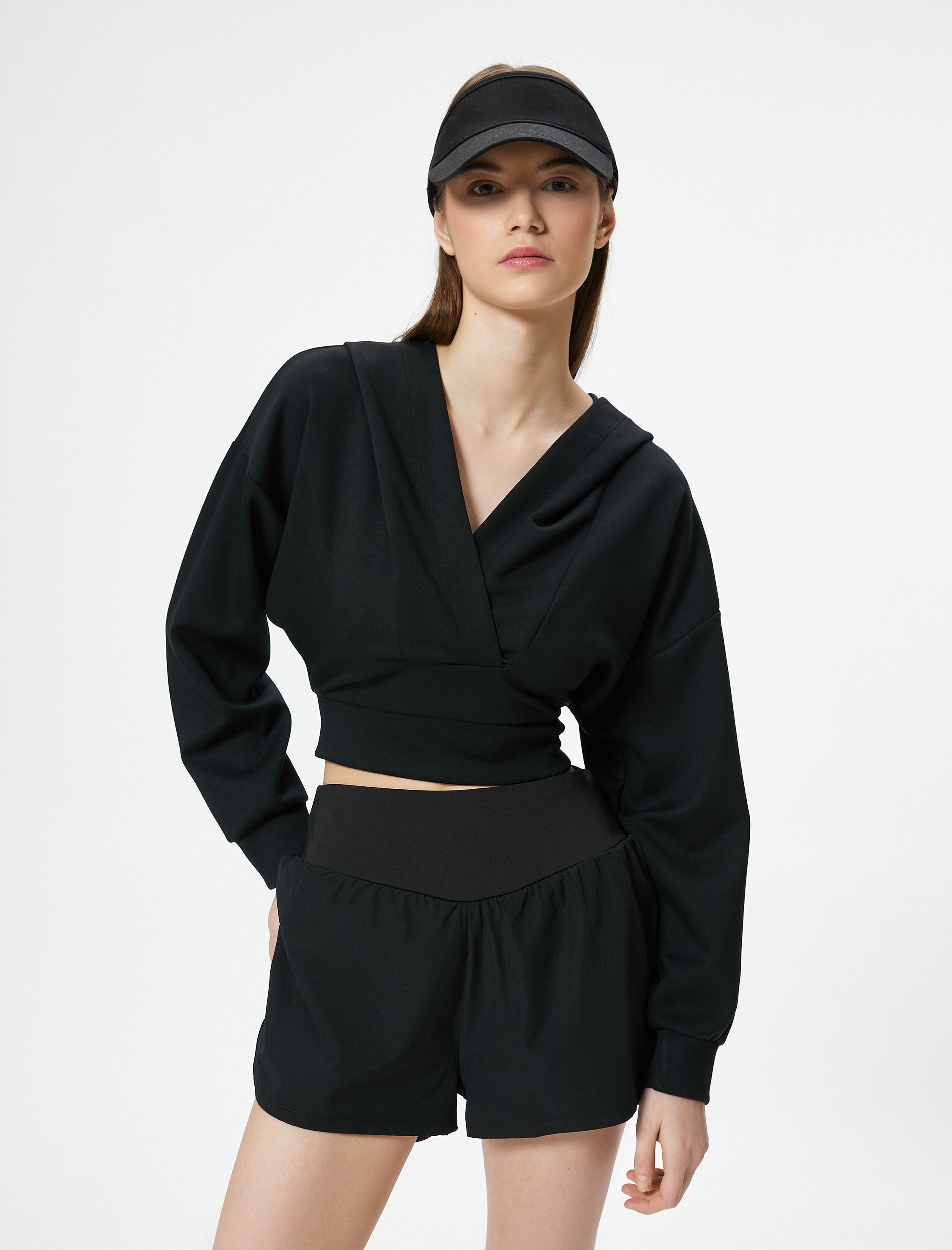   Modal Kumaş Crop Kapüşonlu Sweatshirt Kruvaze V Yaka