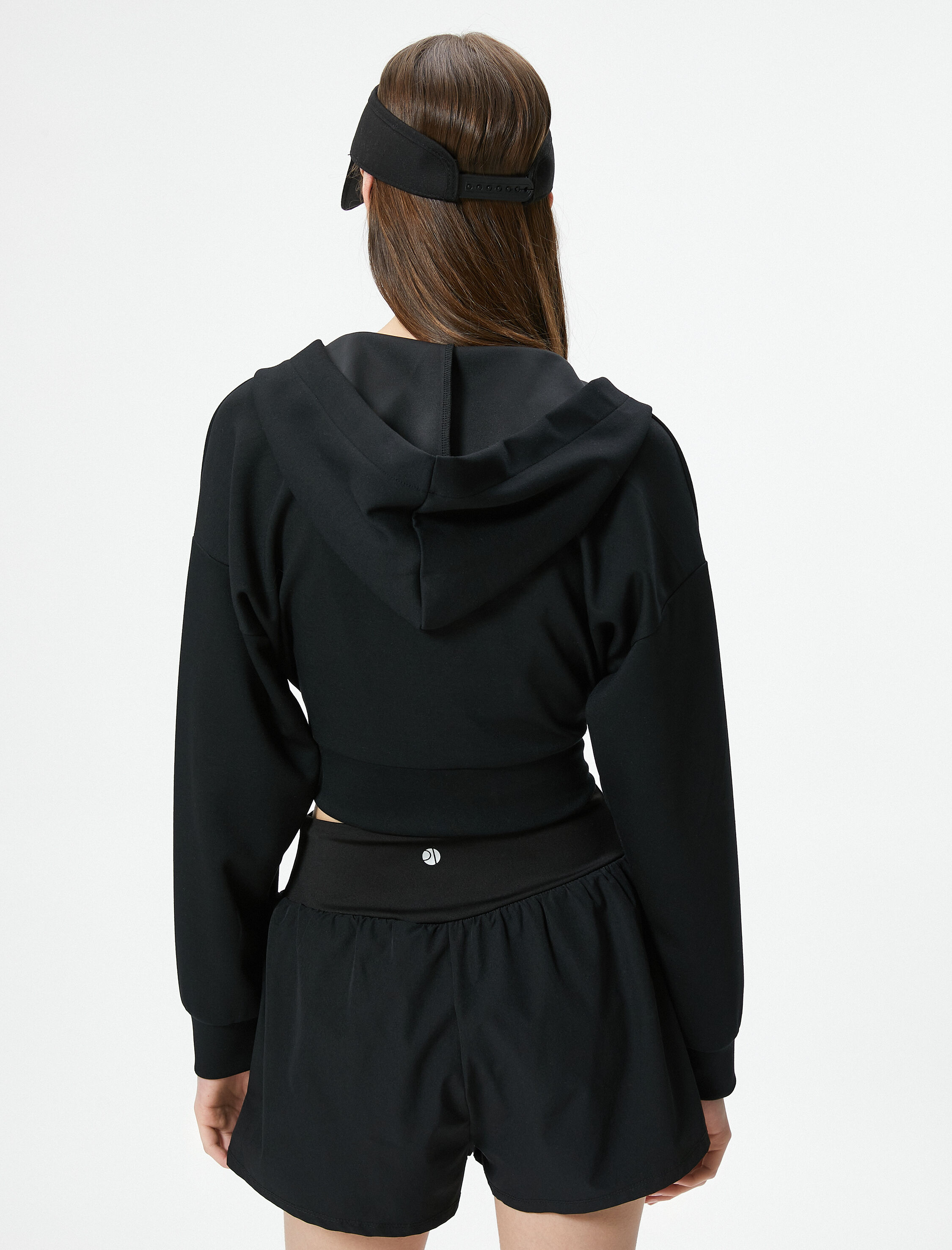   Modal Kumaş Crop Kapüşonlu Sweatshirt Kruvaze V Yaka