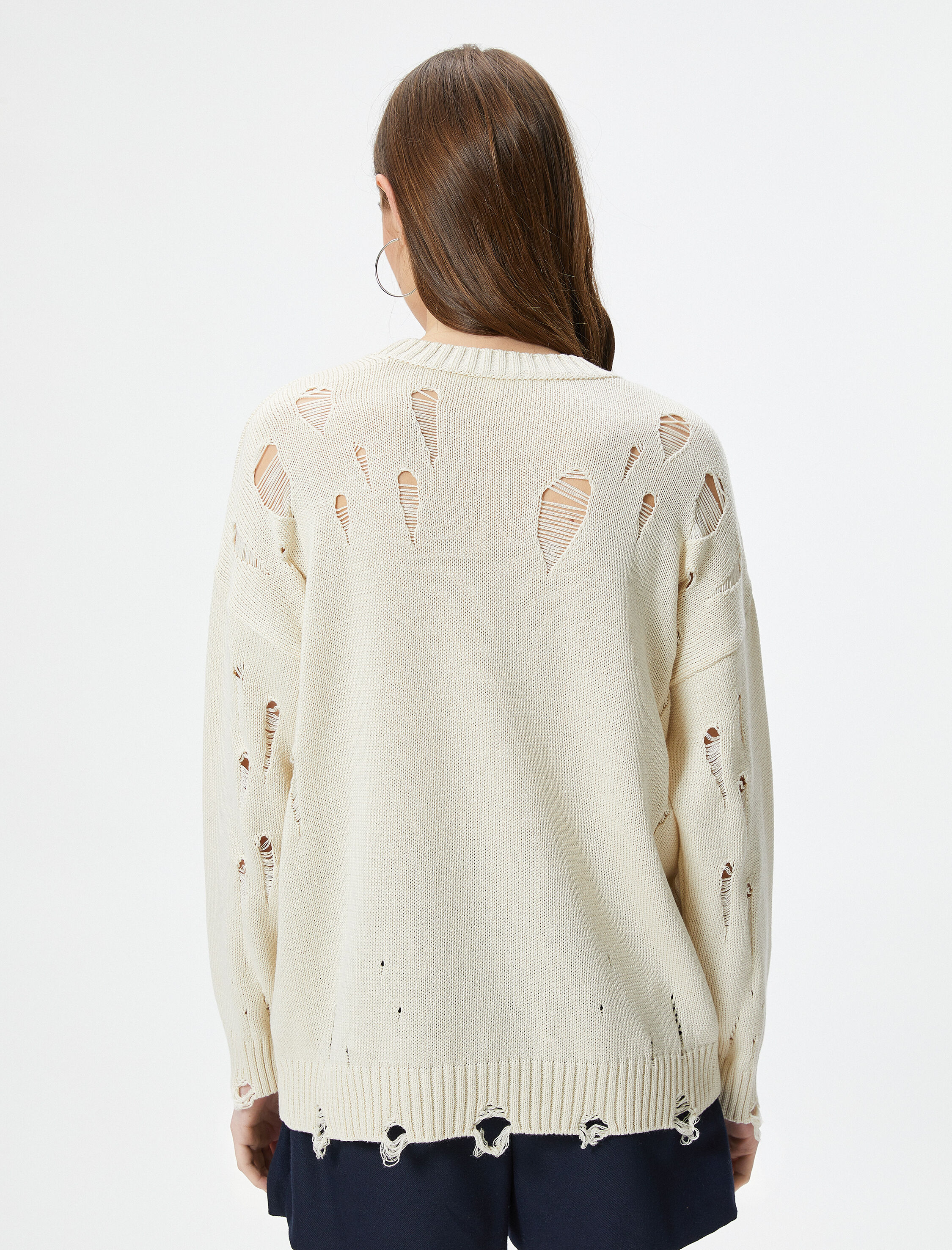   Yırtık Triko Kazak Uzun Kollu Bisiklet Yaka