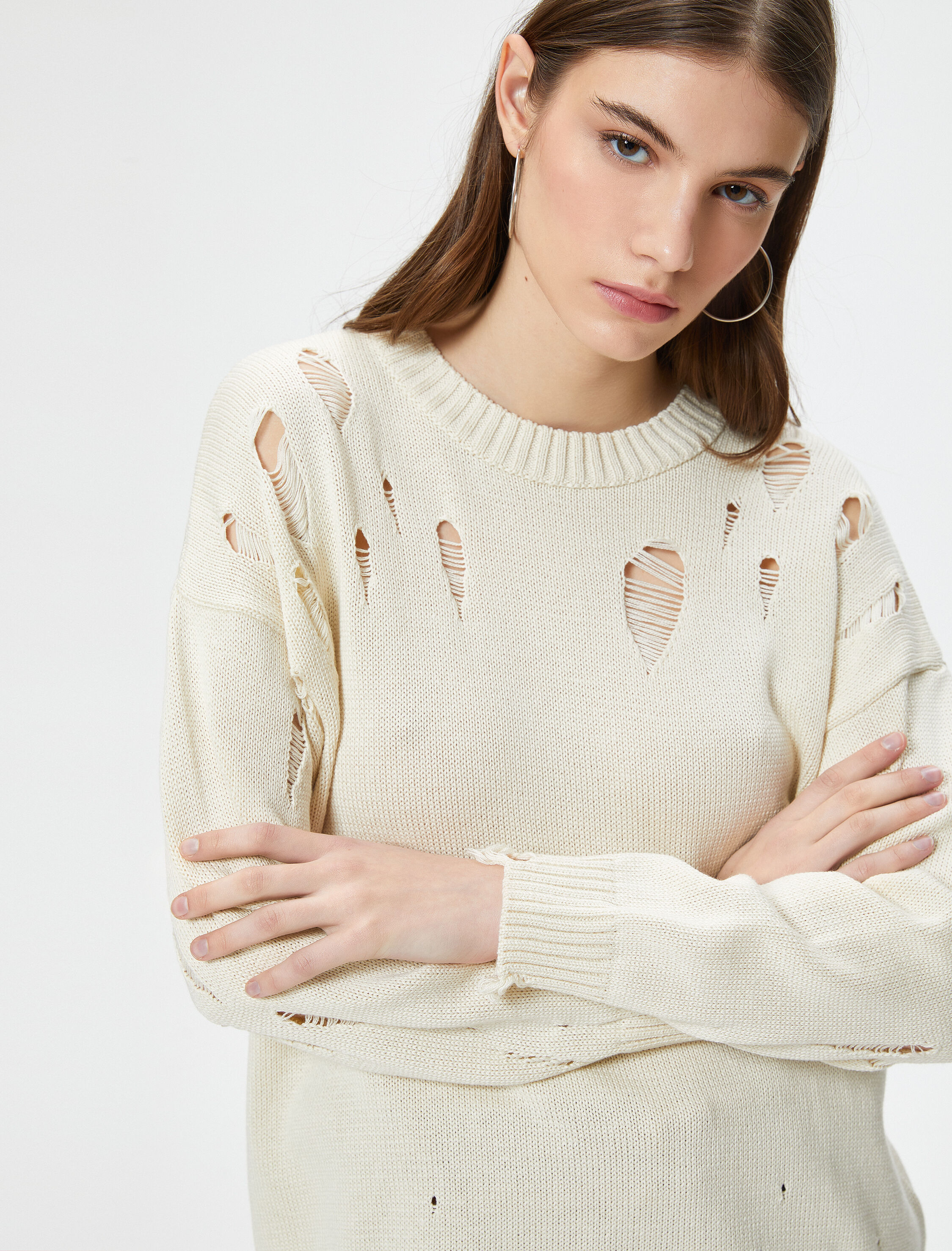   Yırtık Triko Kazak Uzun Kollu Bisiklet Yaka