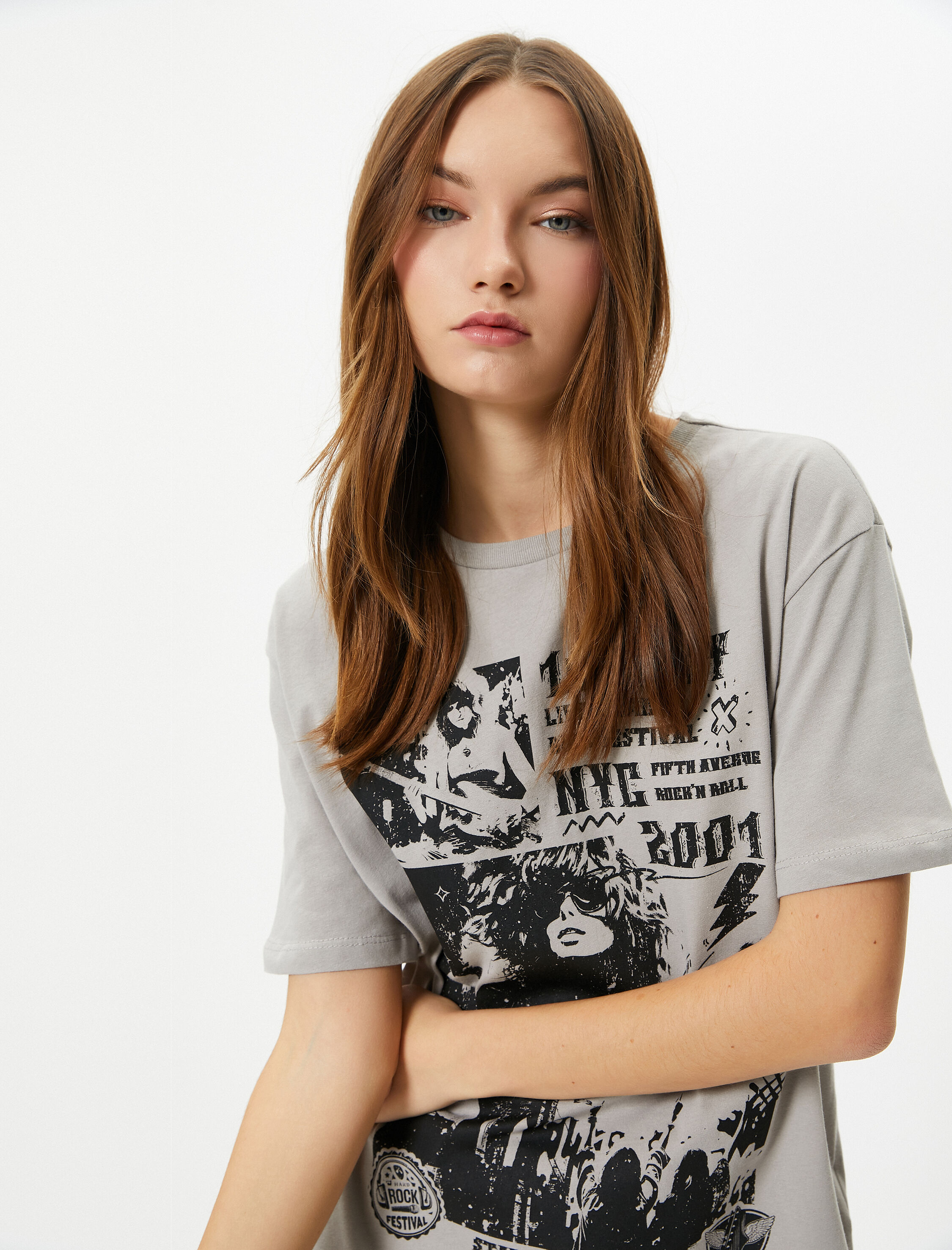   Baskılı Tişört Kısa Kollu Bisiklet Yaka Pamuklu