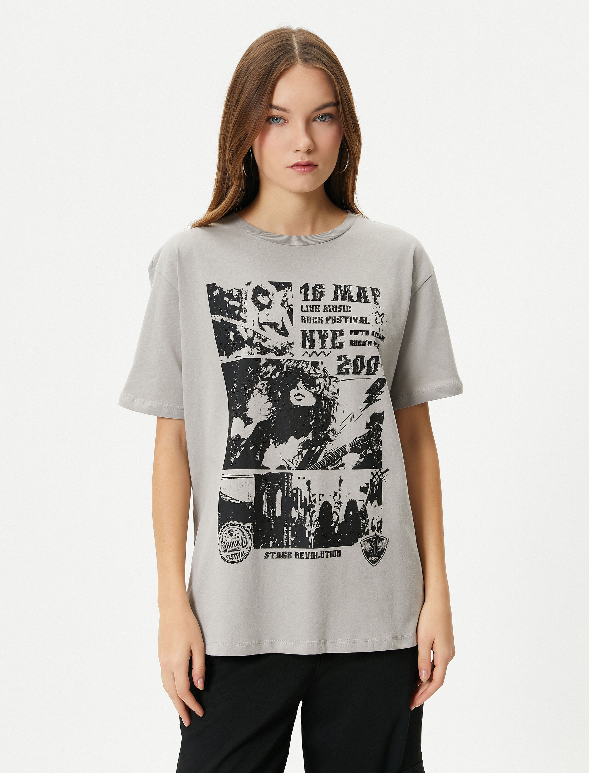   Baskılı Tişört Kısa Kollu Bisiklet Yaka Pamuklu