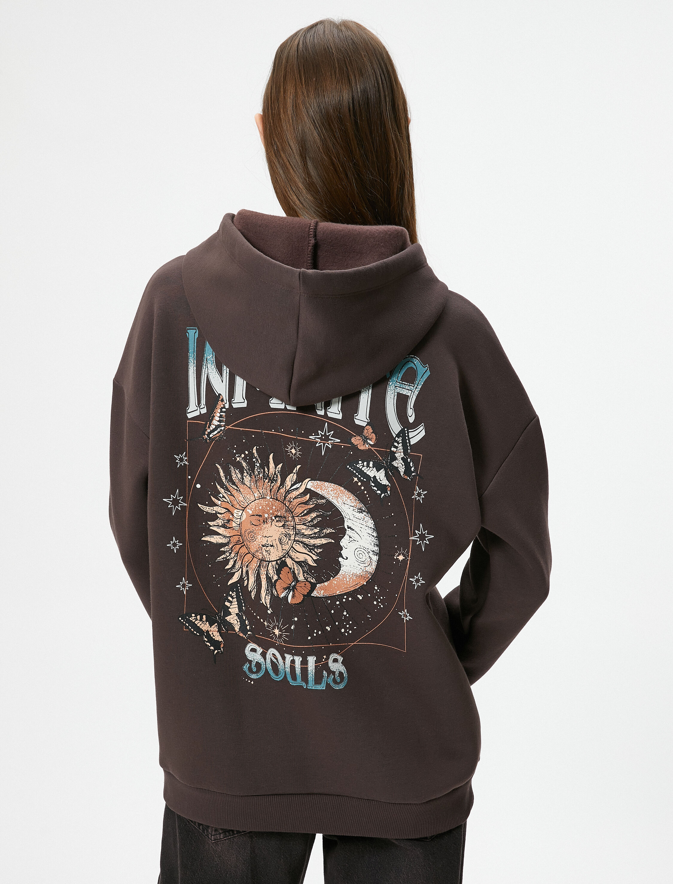   Şardonlu Oversize Kapşonlu Sweatshirt Arkası Baskılı Uzun Kolu Pamuk Karışımlı