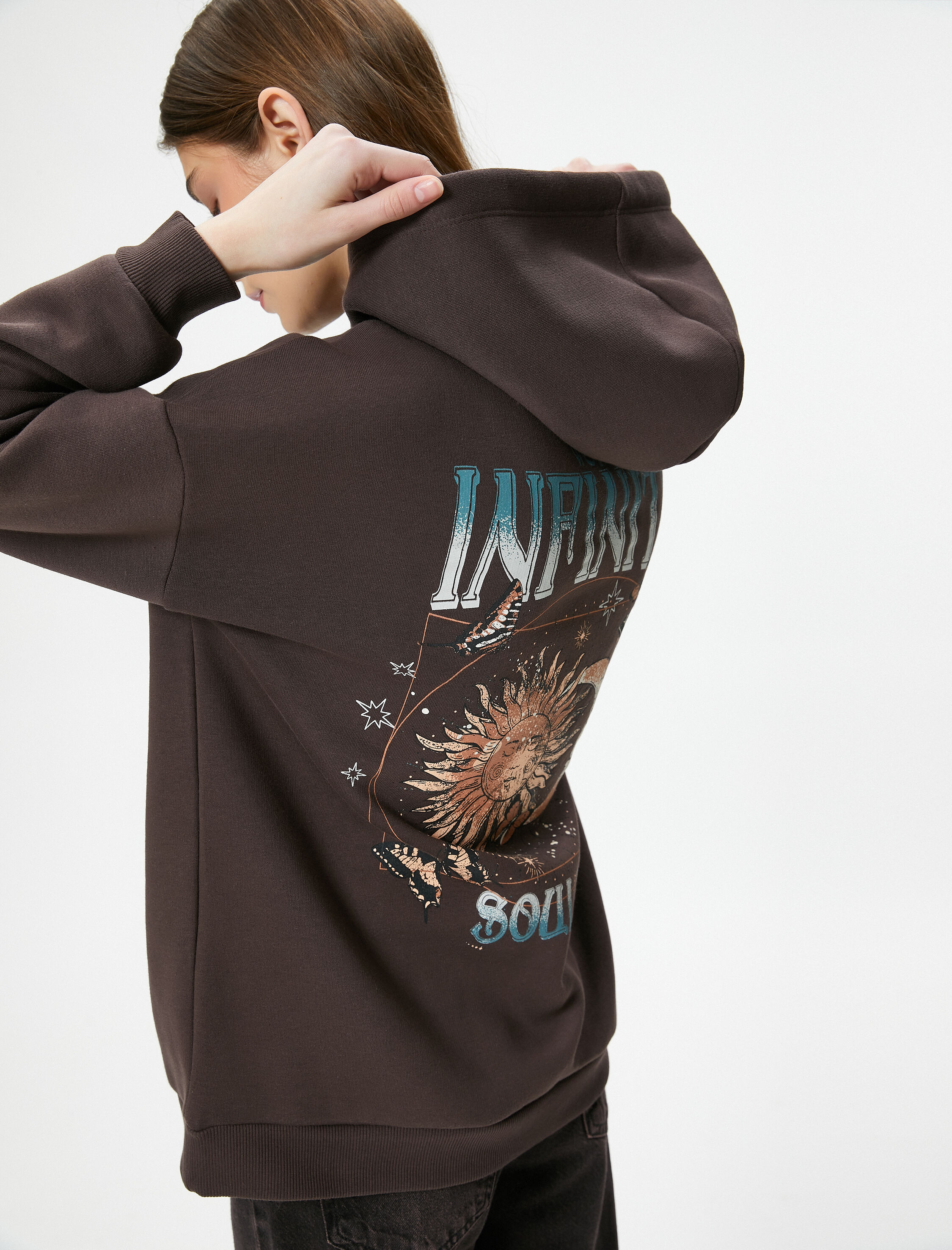   Şardonlu Oversize Kapşonlu Sweatshirt Arkası Baskılı Uzun Kolu Pamuk Karışımlı