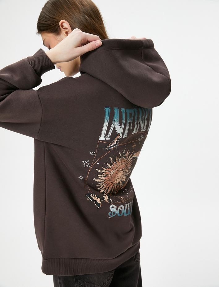  Şardonlu Oversize Kapşonlu Sweatshirt Arkası Baskılı Uzun Kolu Pamuk Karışımlı