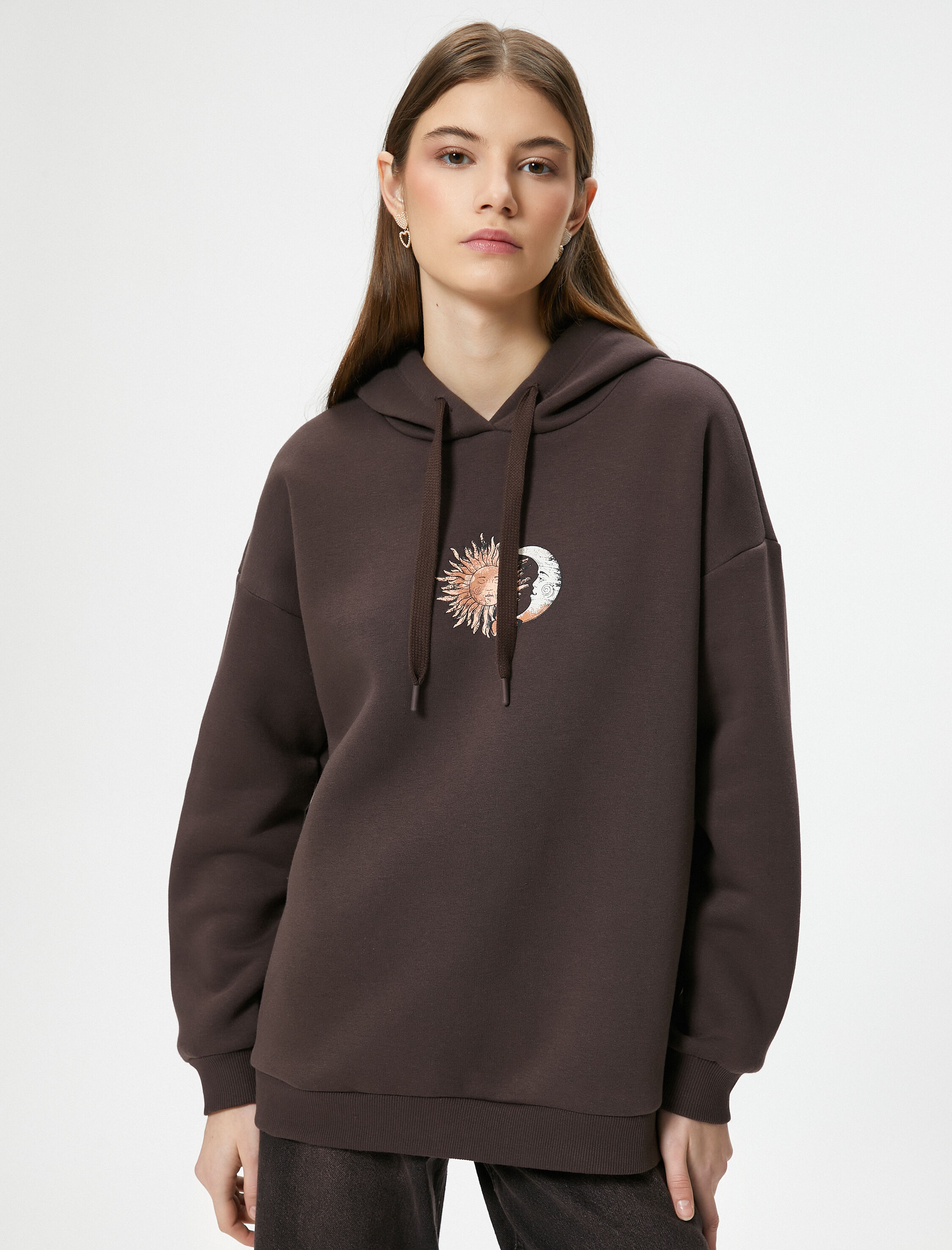   Şardonlu Oversize Kapşonlu Sweatshirt Arkası Baskılı Uzun Kolu Pamuk Karışımlı
