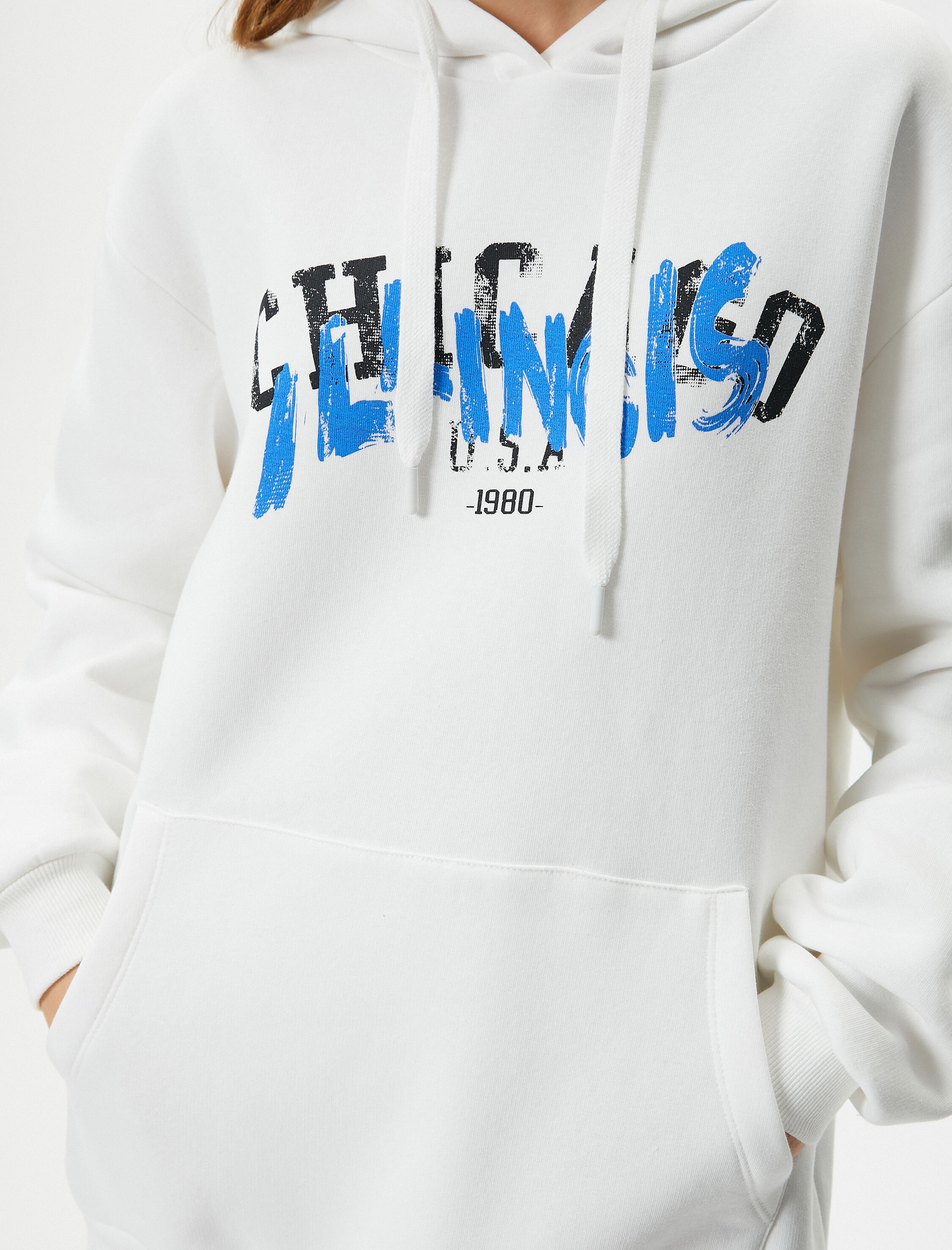   Şardonlu Kapşonlu Sweatshirt Arkası ve Önü Baskılı Uzun Kollu Pamuk Karışımlı