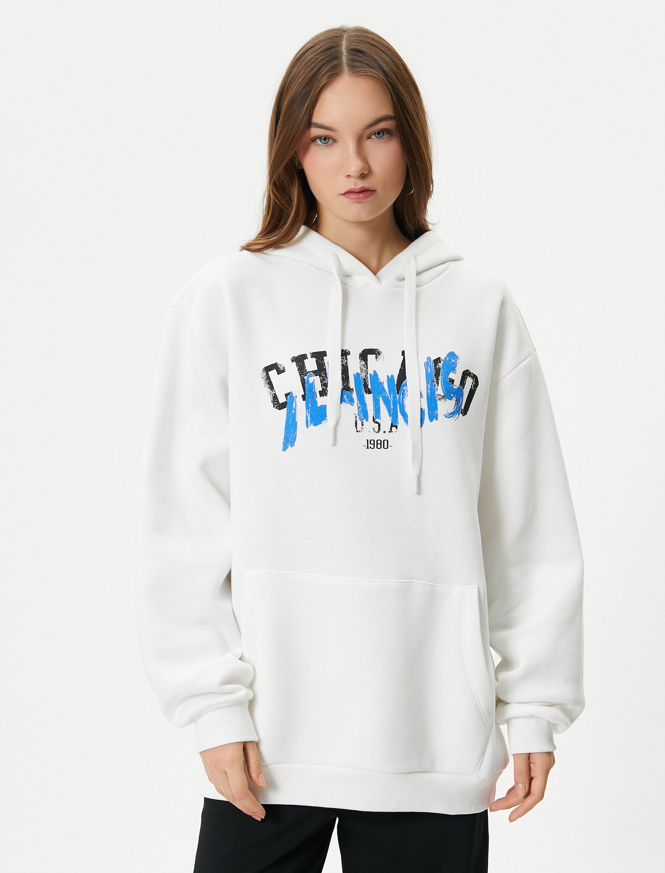   Şardonlu Kapşonlu Sweatshirt Arkası ve Önü Baskılı Uzun Kollu Pamuk Karışımlı