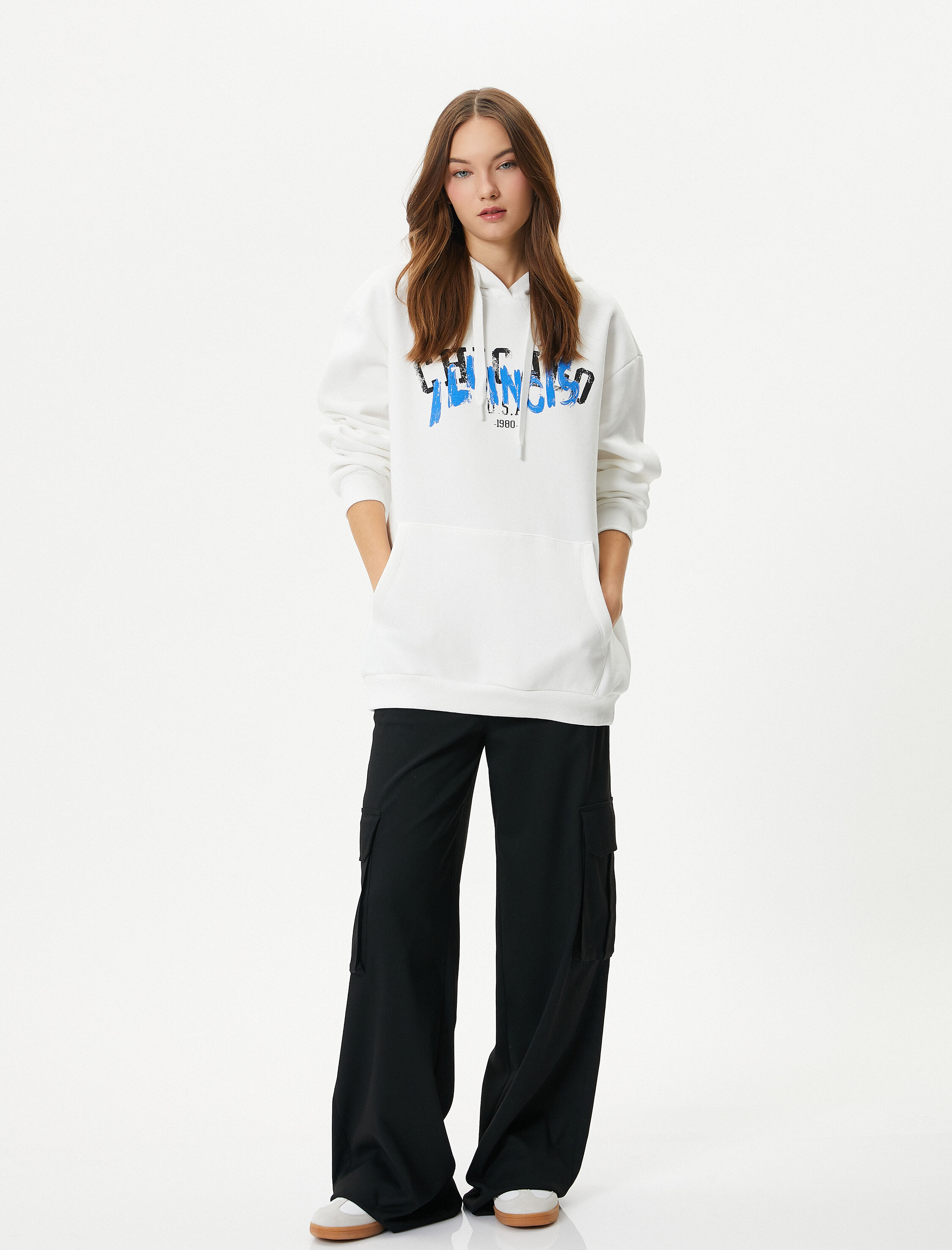   Şardonlu Kapşonlu Sweatshirt Arkası ve Önü Baskılı Uzun Kollu Pamuk Karışımlı