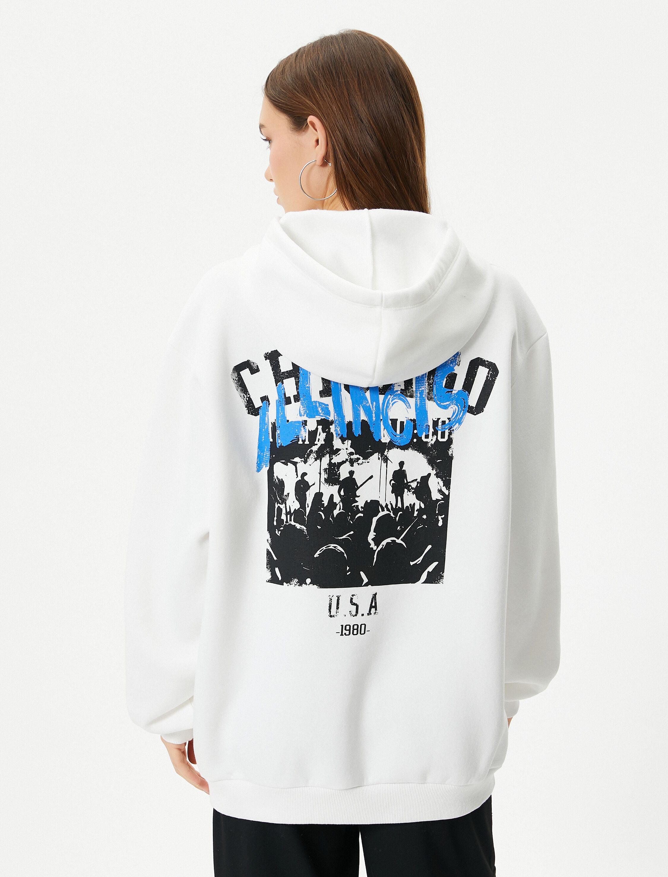   Şardonlu Kapşonlu Sweatshirt Arkası ve Önü Baskılı Uzun Kollu Pamuk Karışımlı