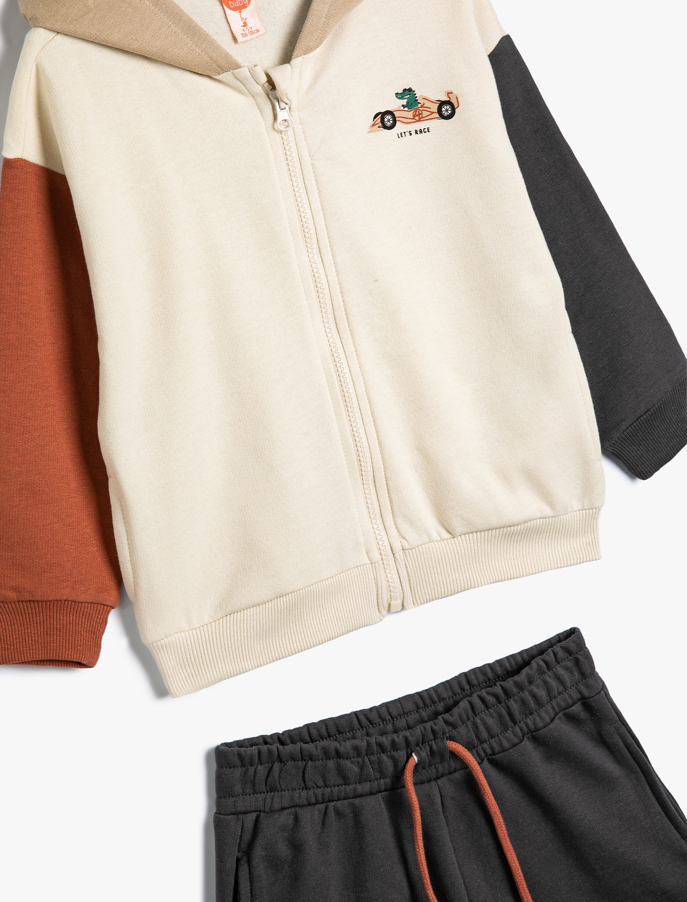  Erkek Bebek Kapşonlu Fermuarlı Sweatshirt ve Şort Set Pamuklu