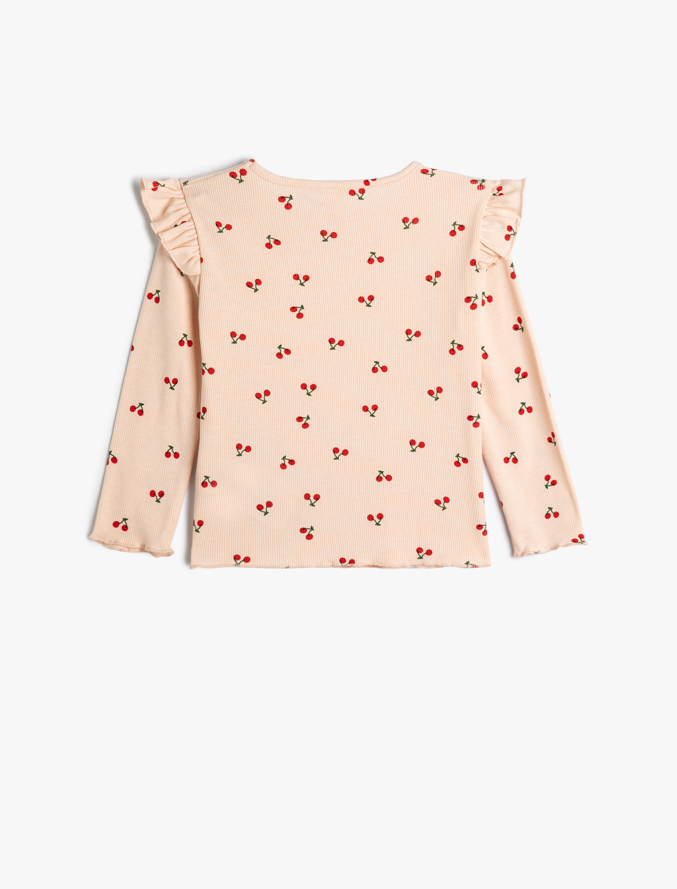  Kız Bebek Tişört Uzun Kollu Kiraz Baskılı Fırfır Detaylı