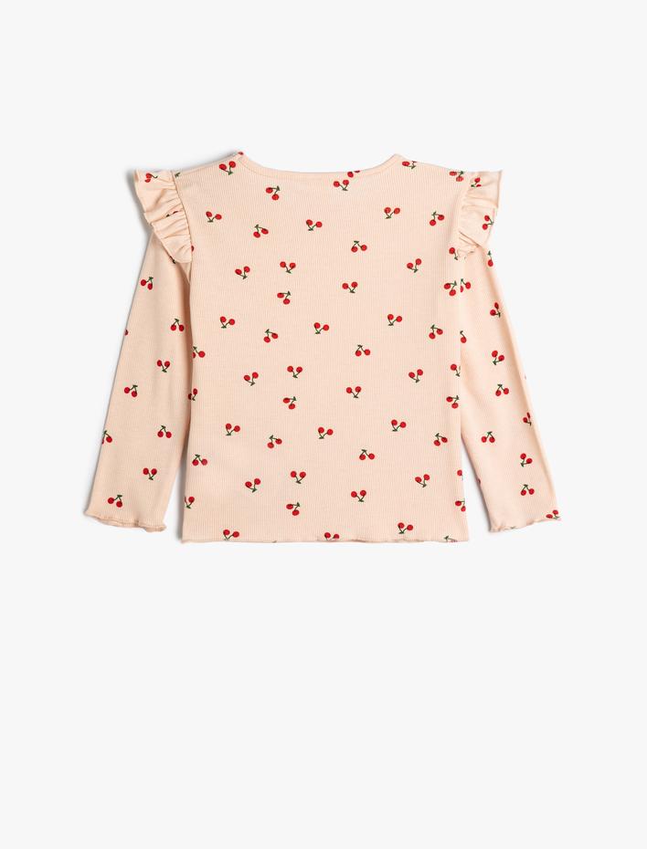 Kız Bebek Tişört Uzun Kollu Kiraz Baskılı Fırfır Detaylı