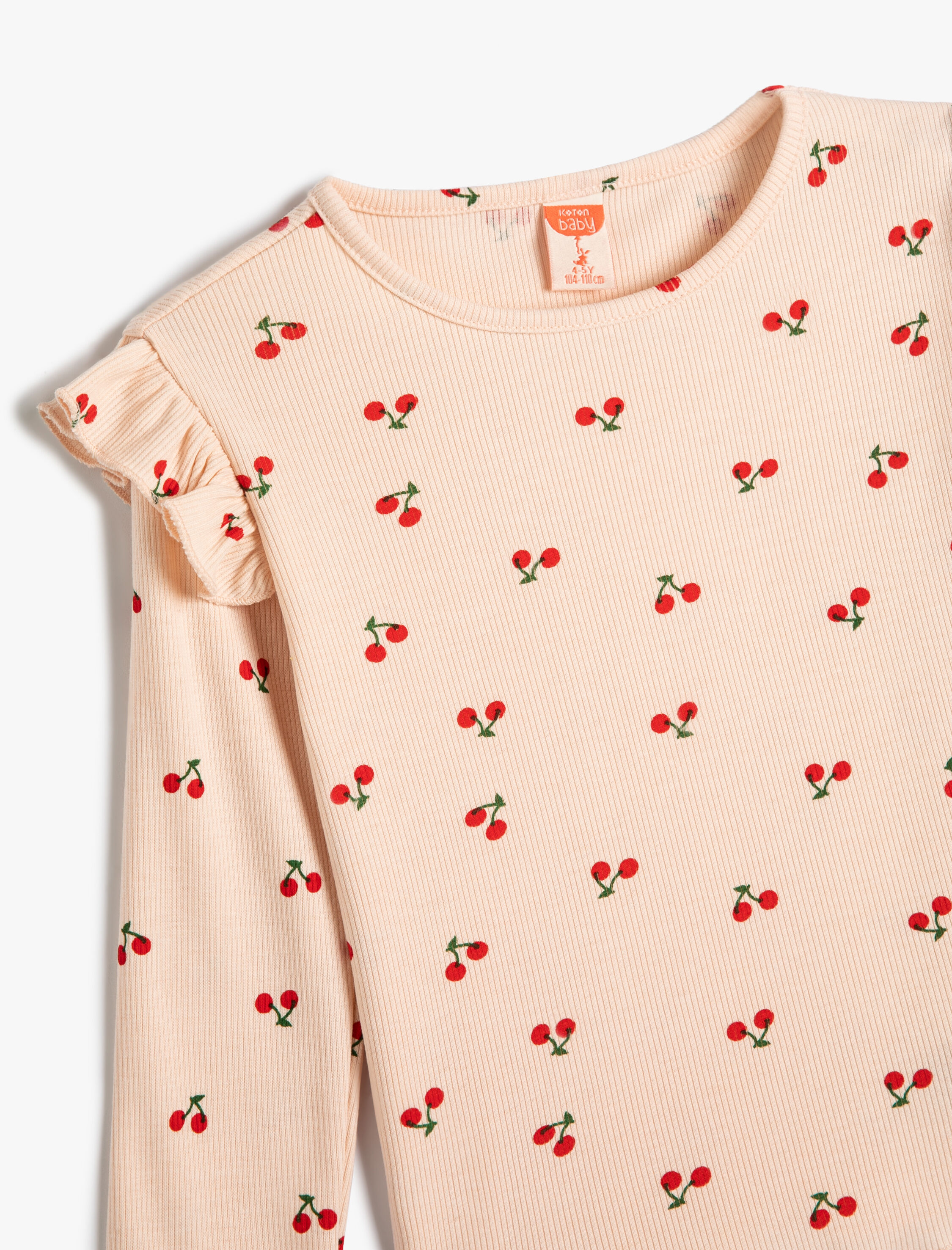  Kız Bebek Tişört Uzun Kollu Kiraz Baskılı Fırfır Detaylı
