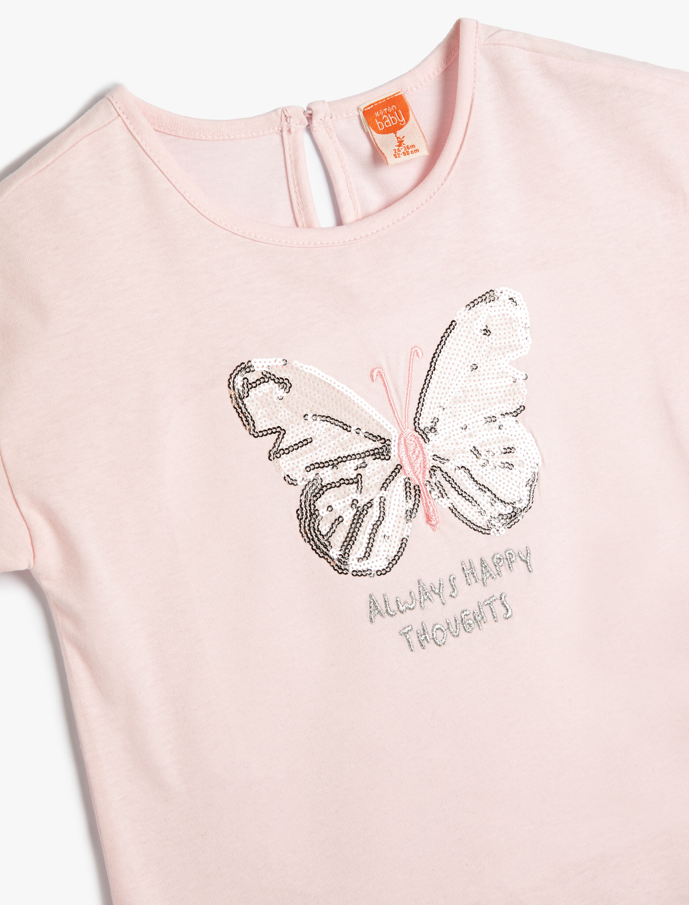  Kız Bebek Tişört Kelebek Pul-Payet İşlemeli Kısa Kollu Bisiklet Yaka Pamuklu