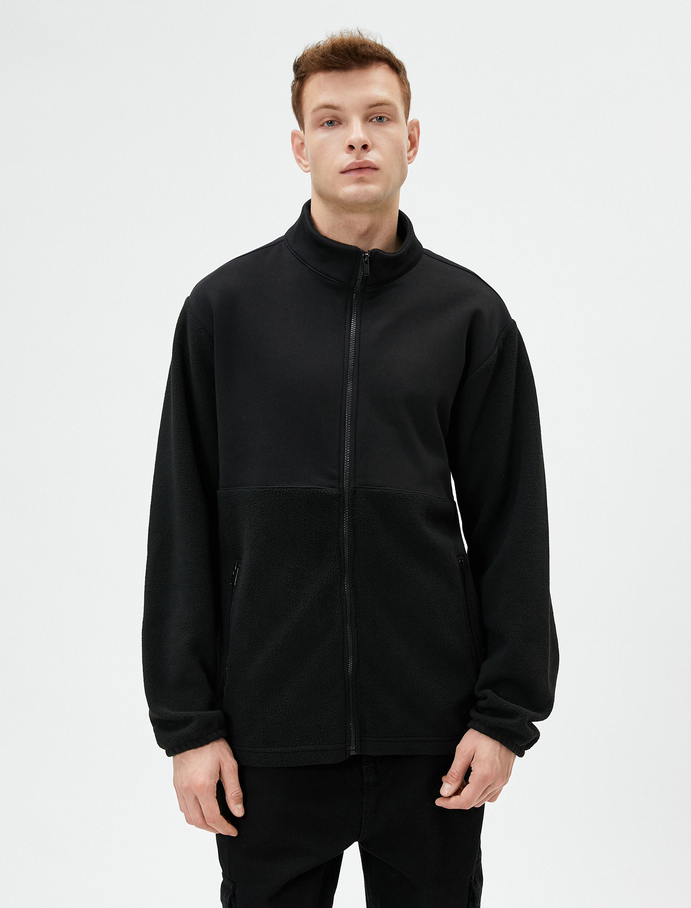   Peluş Sweatshirt Fermuarlı Dik Yaka Cep Detaylı