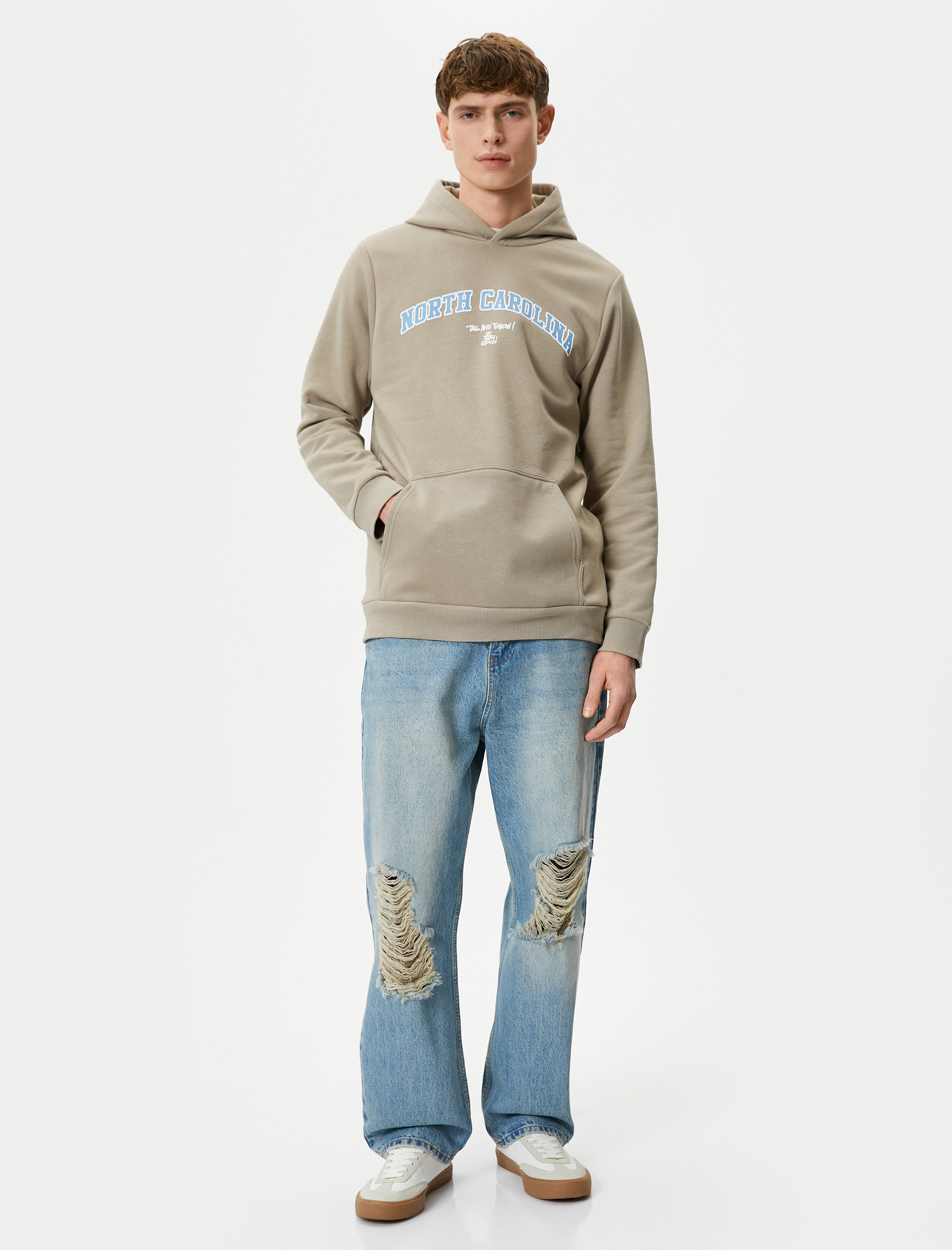   Kapşonlu Sweat Kolej Baskılı Kanguru Cep Detaylı Ribanalı Şardonlu