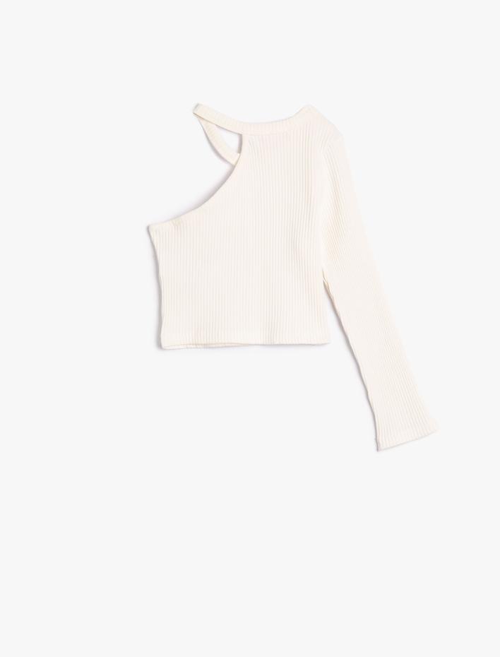 Kız Çocuk Crop Pencere Detaylı Tişört Tek Uzun Kollu Ribanalı Pamuklu