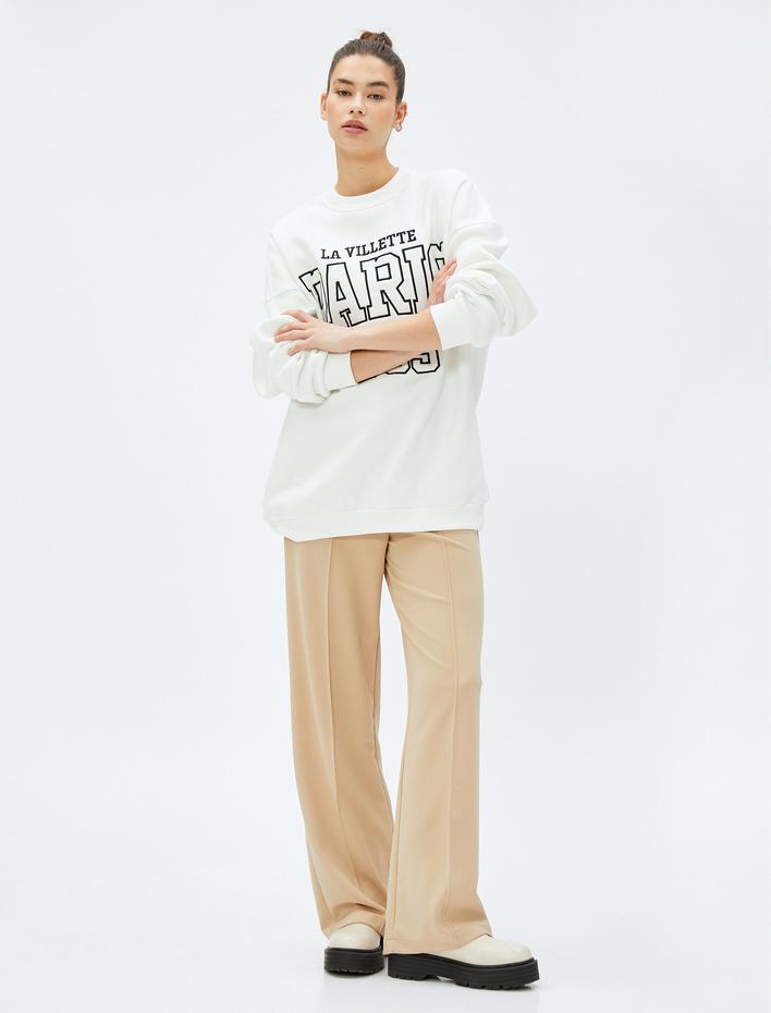  Şardonlu Bisiklet Yaka Sweatshirt Kolej Nakışlı Uzun Kollu