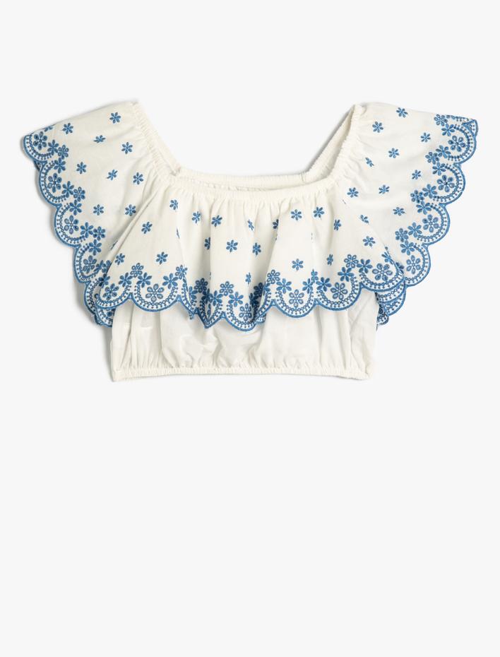 Kız Çocuk Crop Bluz Düşük Omuz Fırfırlı Katlı Floral Desenli Pamuklu