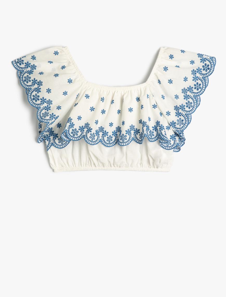  Kız Çocuk Crop Bluz Düşük Omuz Fırfırlı Katlı Floral Desenli Pamuklu