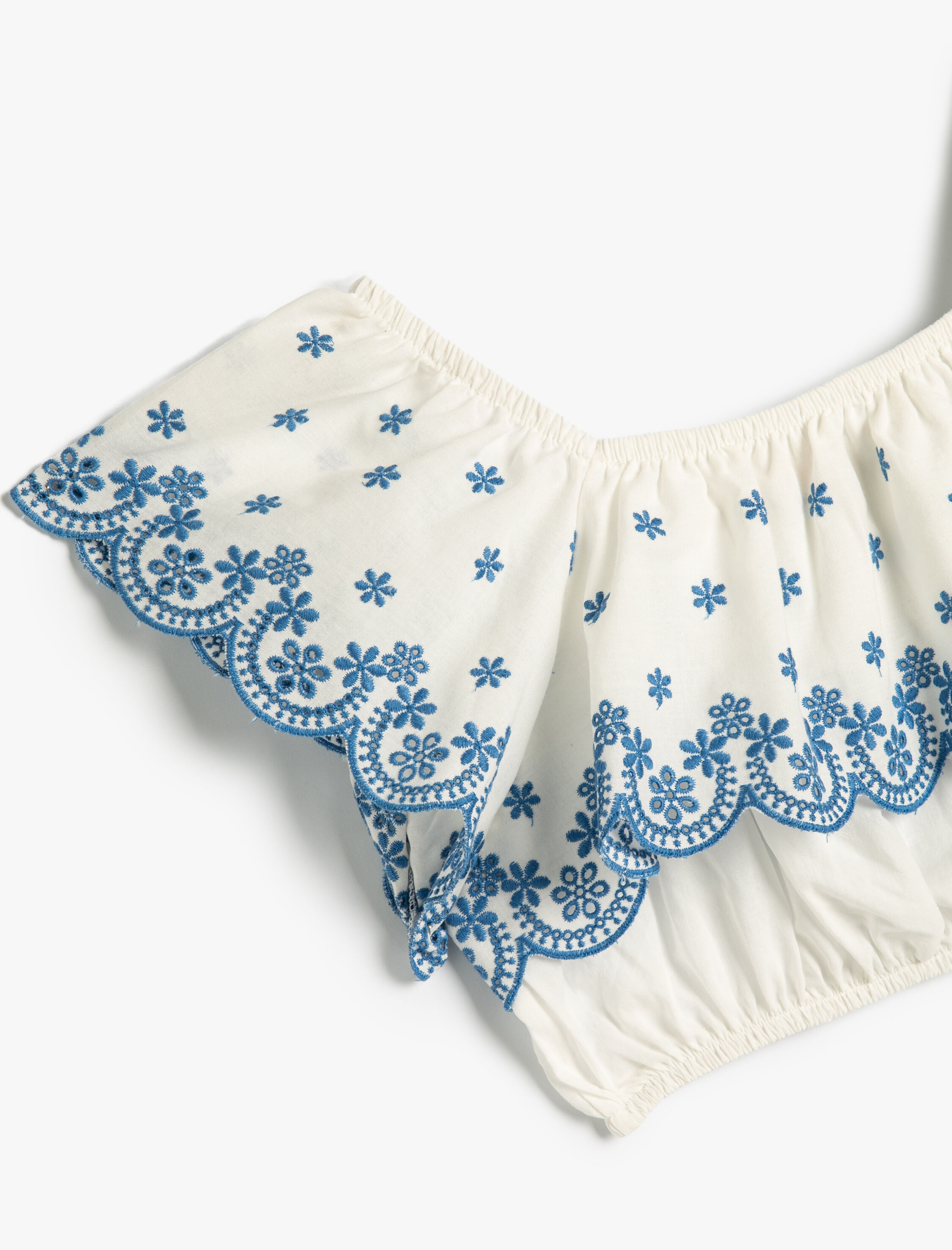  Kız Çocuk Crop Bluz Düşük Omuz Fırfırlı Katlı Floral Desenli Pamuklu