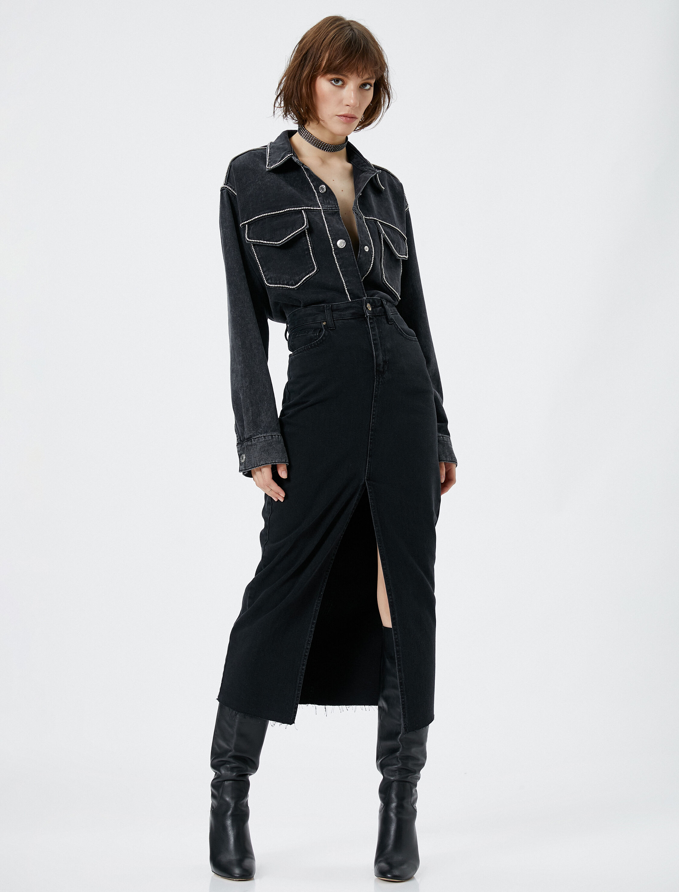   Midi Kot Etek Yırtmaçlı Yüksek Bel Düğmeli Pamuklu