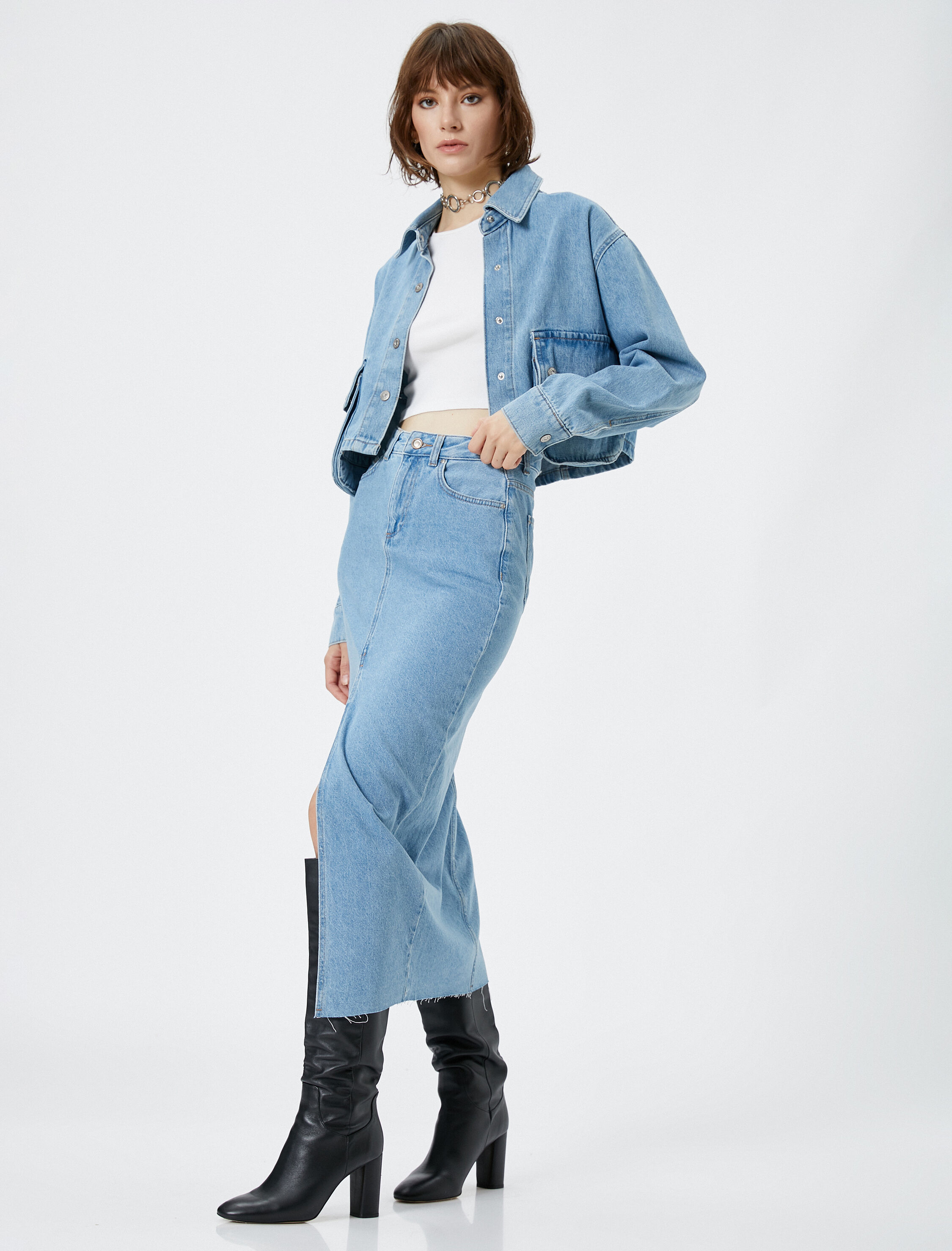   Midi Kot Etek Yırtmaçlı Yüksek Bel Düğmeli Pamuklu