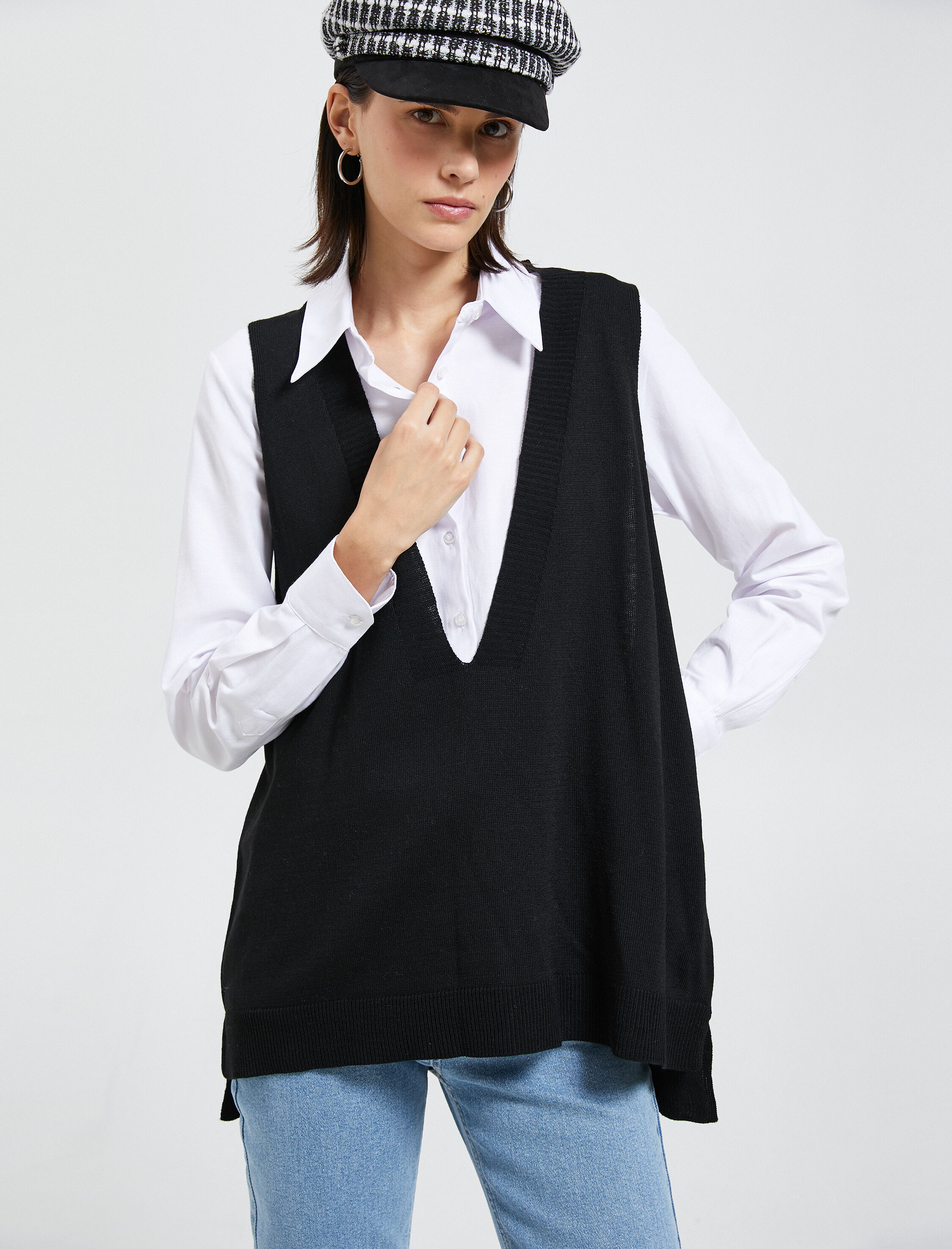   V Yaka Süveter Örgü Ribanalı