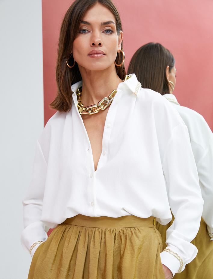  Uzun Kollu Gömlek Düğmeli Zincir Aksesuar Detaylı