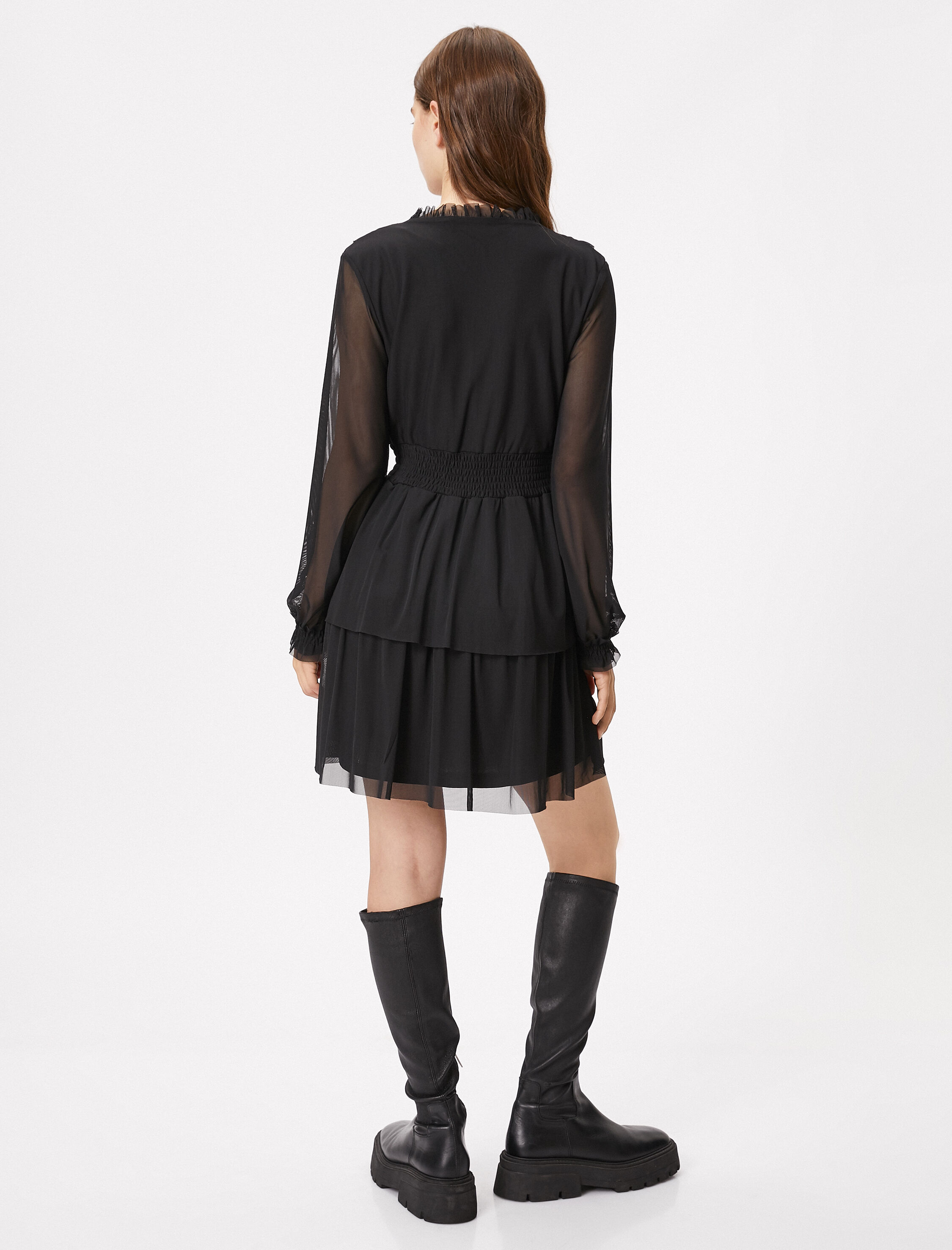   Tül Kısa Elbise Uzun Kollu Katlı Gipeli Düğme Detaylı Fırfırlı Astarlı